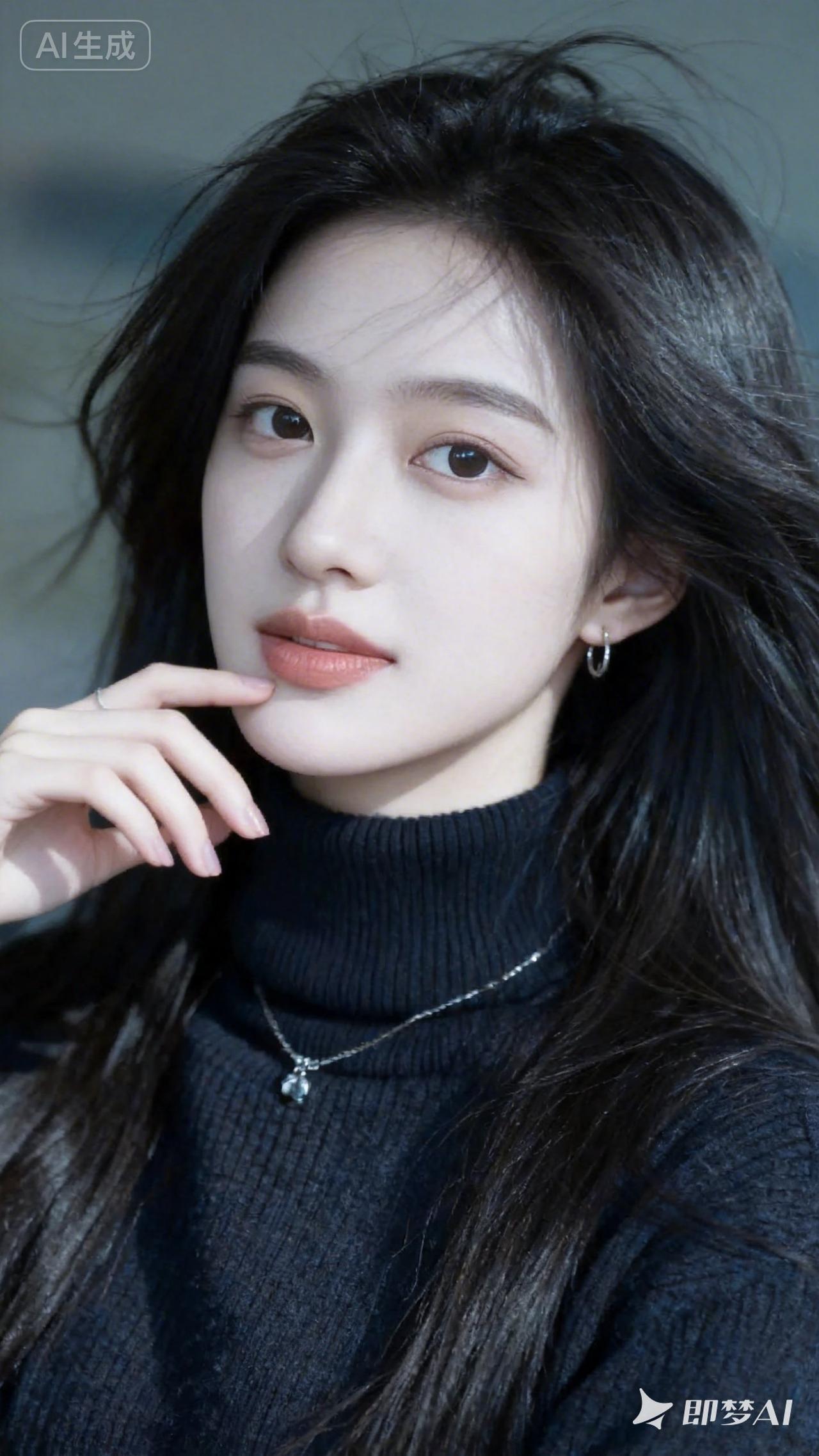 温柔冷艳的少女，黑发红唇，优雅迷人。