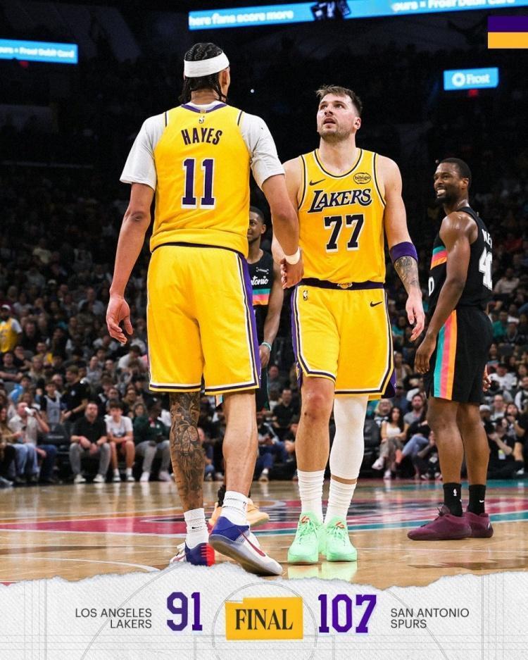 给机会不中用，湖人客场91:107惨败马刺！东契奇空砍35+三双无力救主。41詹