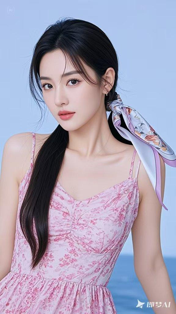 在大海边，一位身着粉色碎花裙的美人，那画面简直美炸。V领修饰颈部线条，泡泡袖可爱