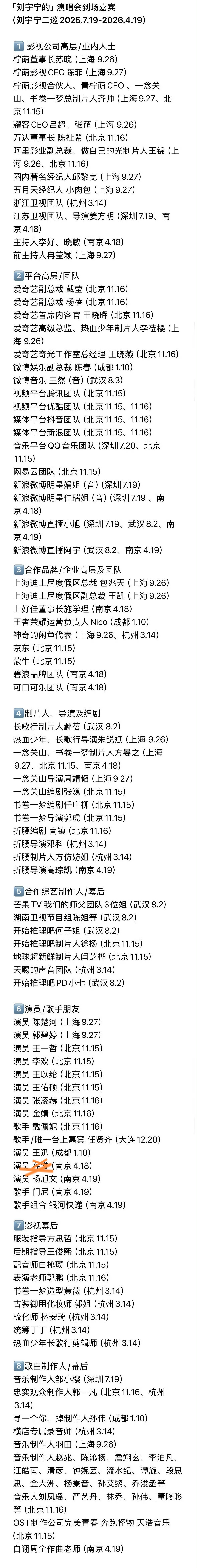 想知道刘宇宁圈内口碑，那不如看看刘宇宁二巡来看演唱会的各行各业的大佬和艺人朋友们