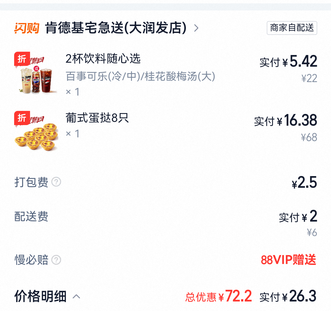 红烧肉切的好小块，估计合起来就一整块，手撕包菜里面有肉丝，还不错，肯德基蛋挞就不