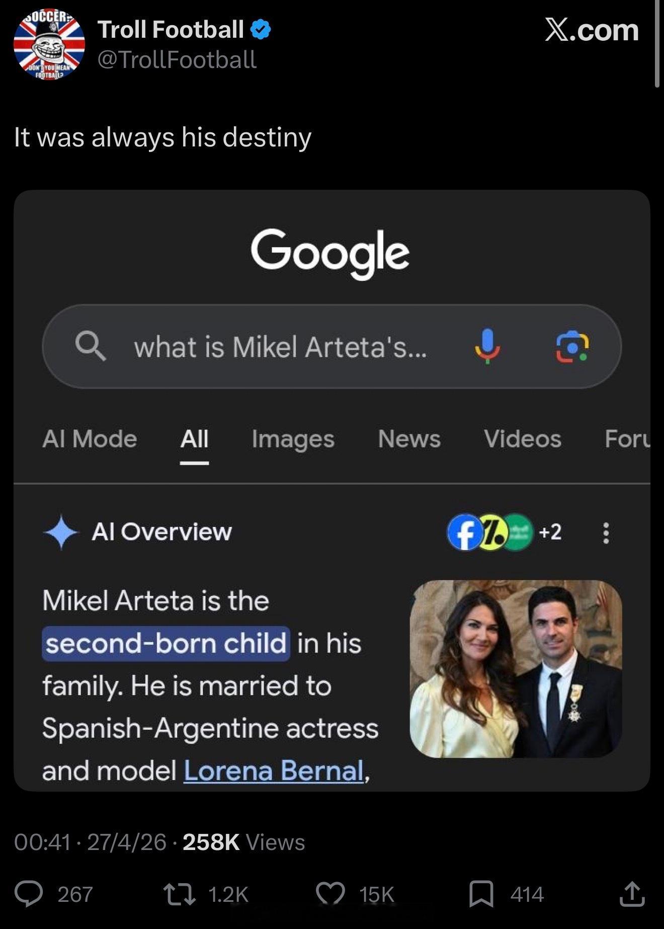 搞笑推：这就是他的命啊图片谷歌AI介绍阿尔特塔：家中排行老二