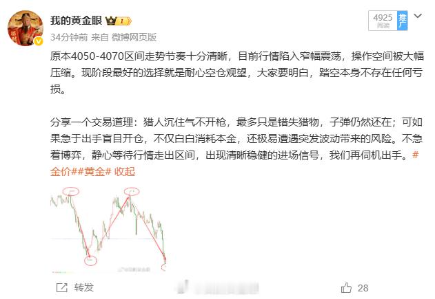 震荡到位，黄金现价4052-4054位置多一次，依旧是常规止损继续薅它。黄金金价
