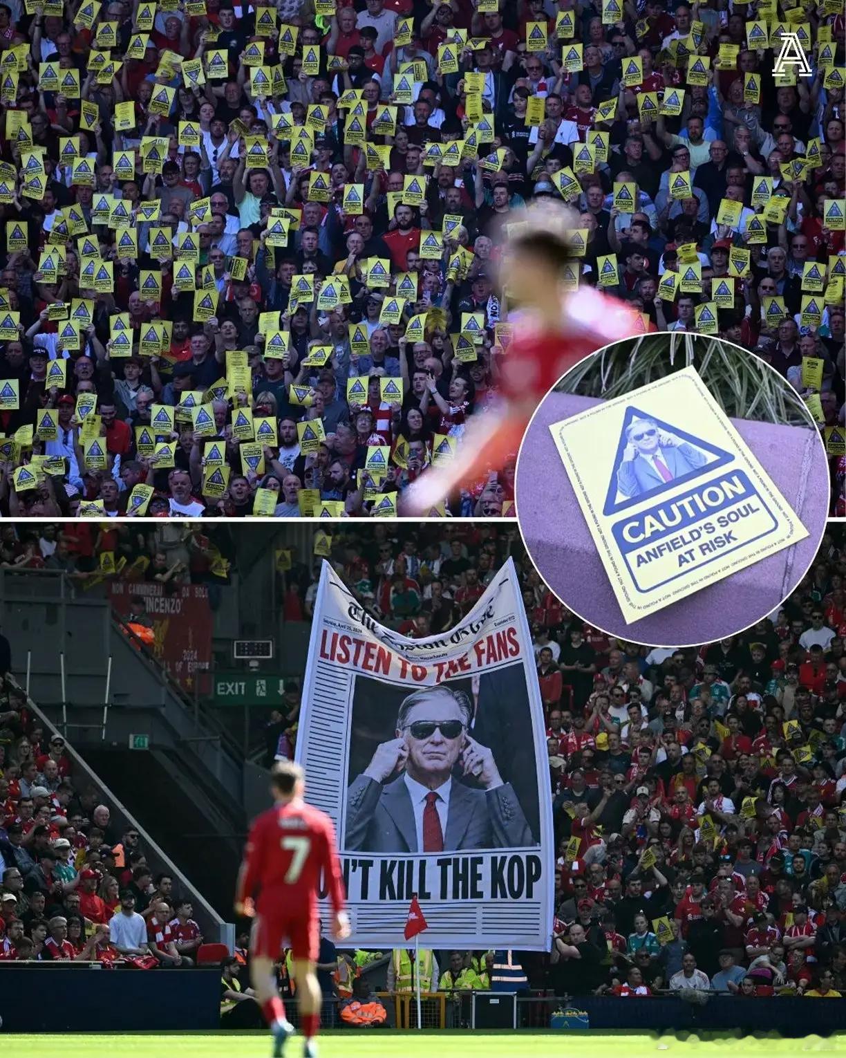 利物浦球迷安菲尔德集体举黄牌，抗议连续六赛季五次涨价本轮利物浦主场对阵水晶宫，数