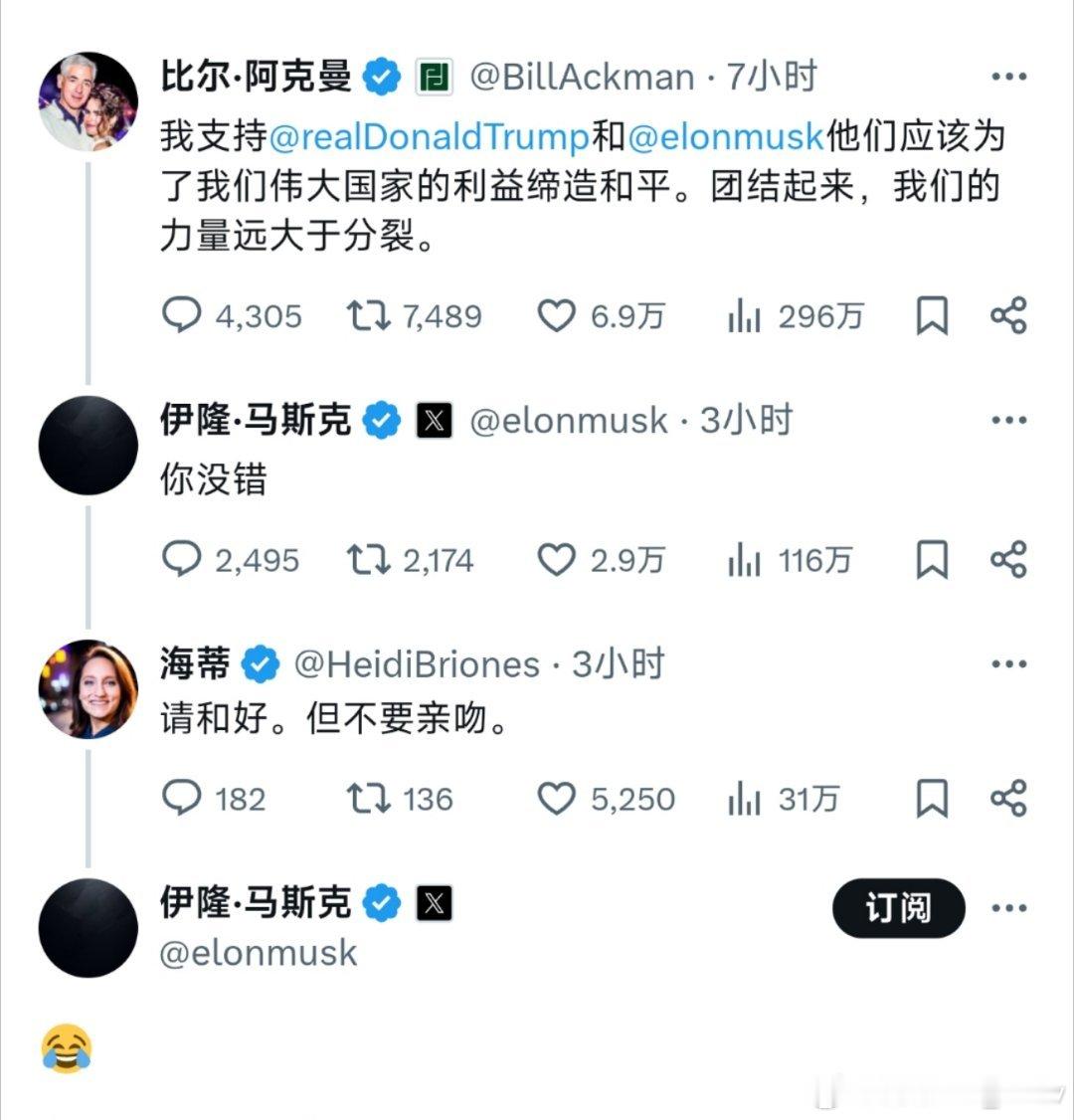 🚨马斯克对特朗普态度出现软化迹象马斯克回复了建议他俩和好的帖子：“你说得没错”