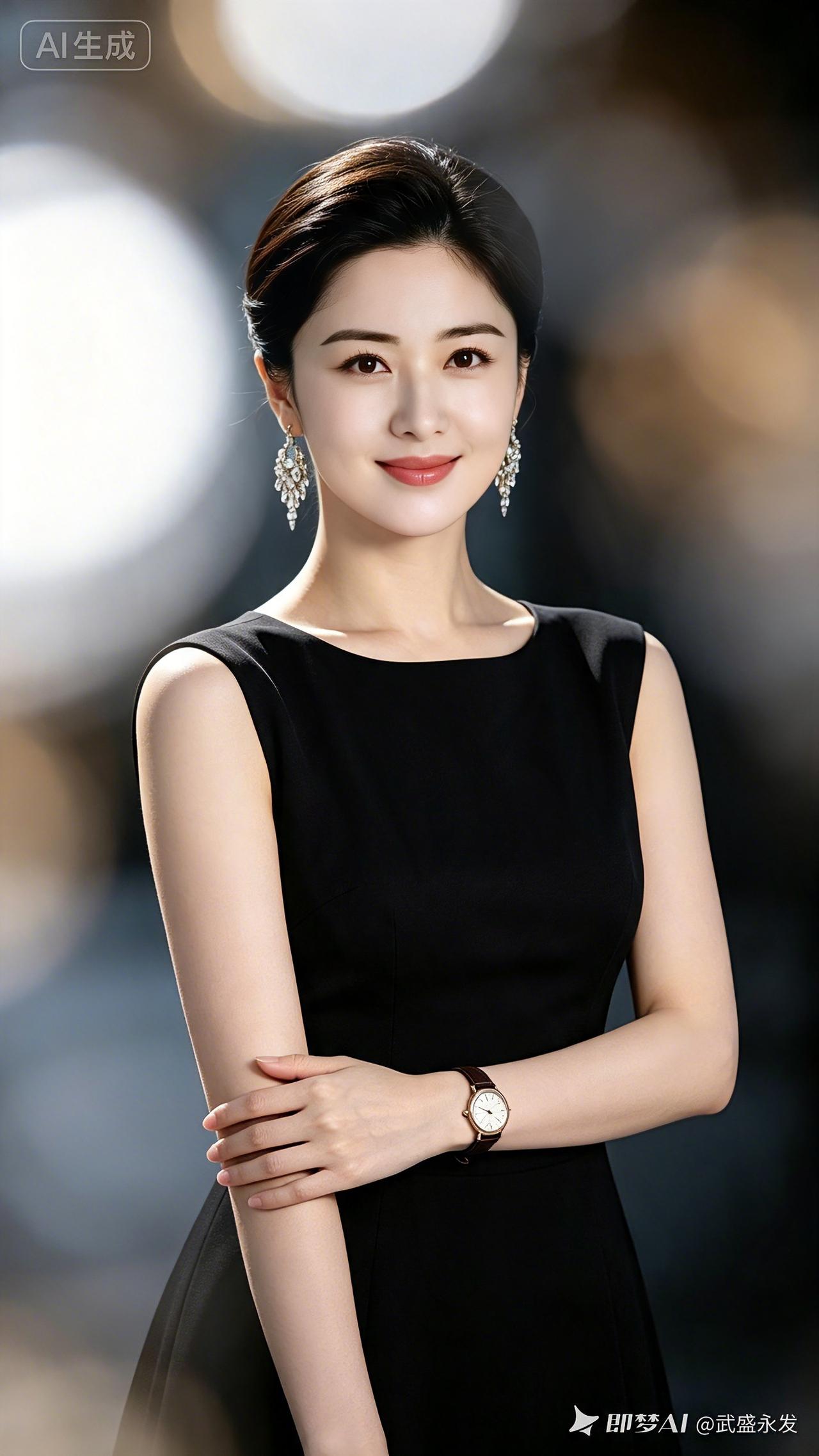 雅姿淑女
素髻轻挽映柔光，珠坠耳畔溢清芳。
一袭墨衫衬温婉，双腕交叠隐端庄。
腕