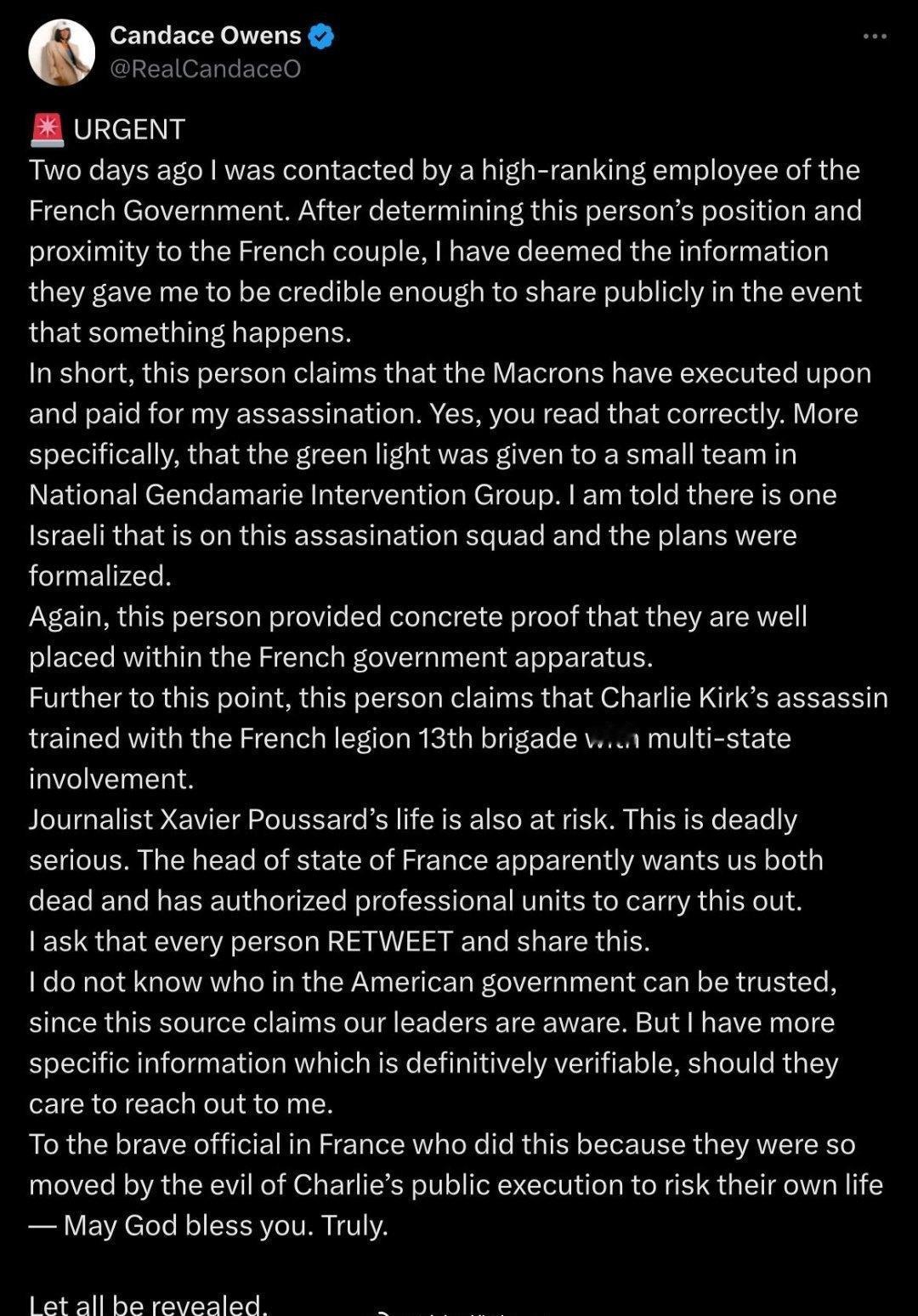 笑死，一直在炒作马克龙老婆是男人的美国政治评论员坎迪斯·欧文斯声称，她收到可靠信
