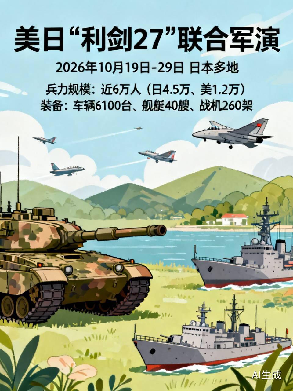 美日“利剑27”联合军演是2026年10月19日至29日在日本多地举行的大规模军