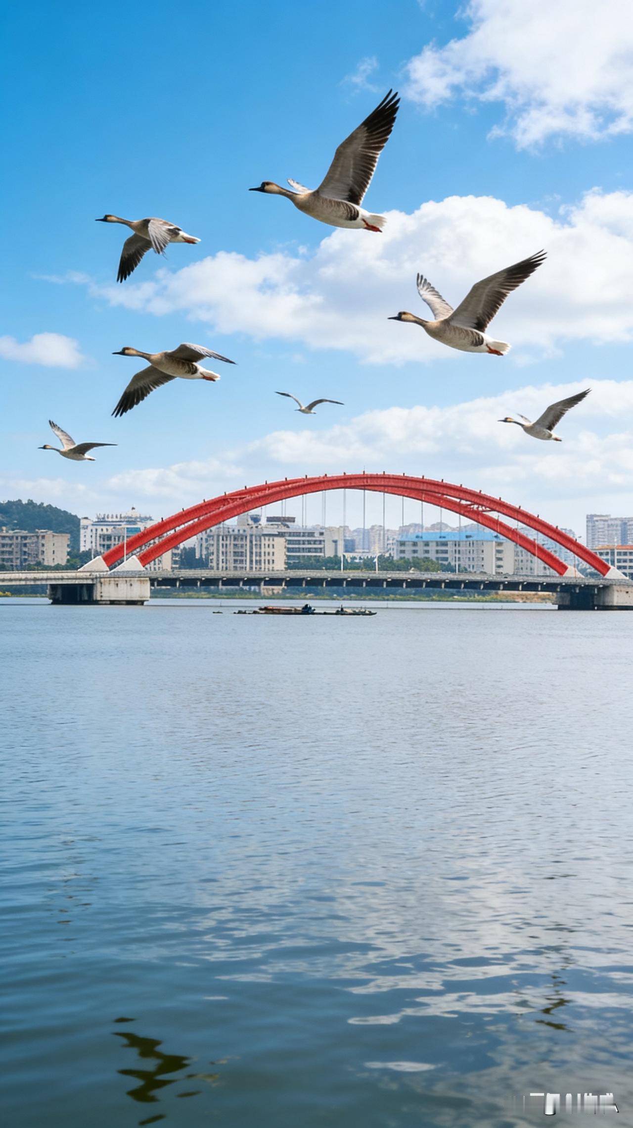 春风如约，雁阵归来，成群大雁翩跹掠过桥畔，翅影与波光相映成趣。