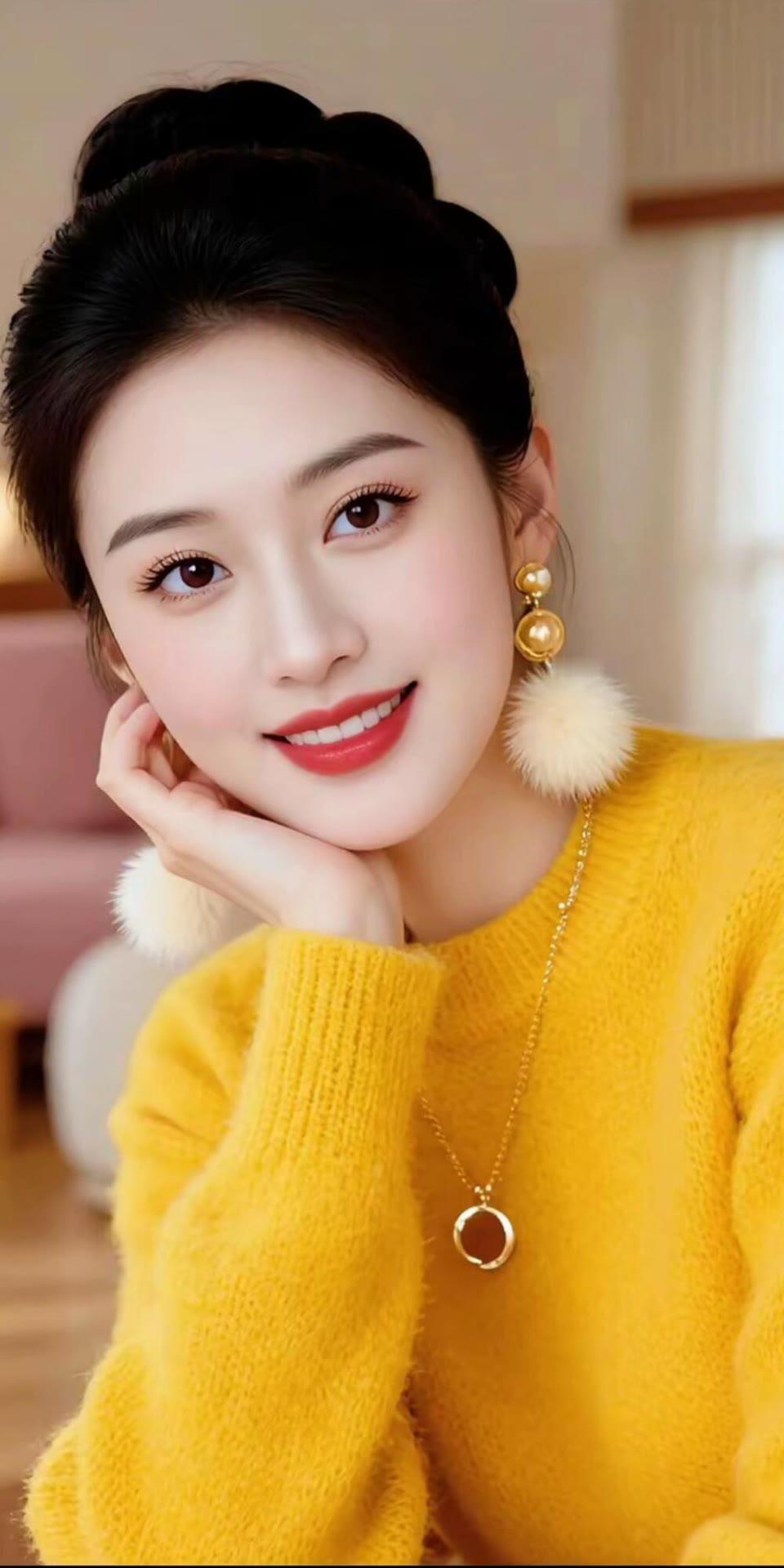 元气满满的黄色毛衣，搭配毛绒绒的耳环，甜美又温暖！🌟✨