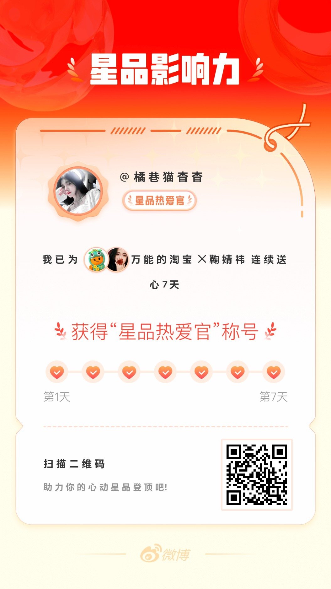 我在星品影响力上为 X 连续送心7天，获得“星品热爱官”称号！快来一起pick你