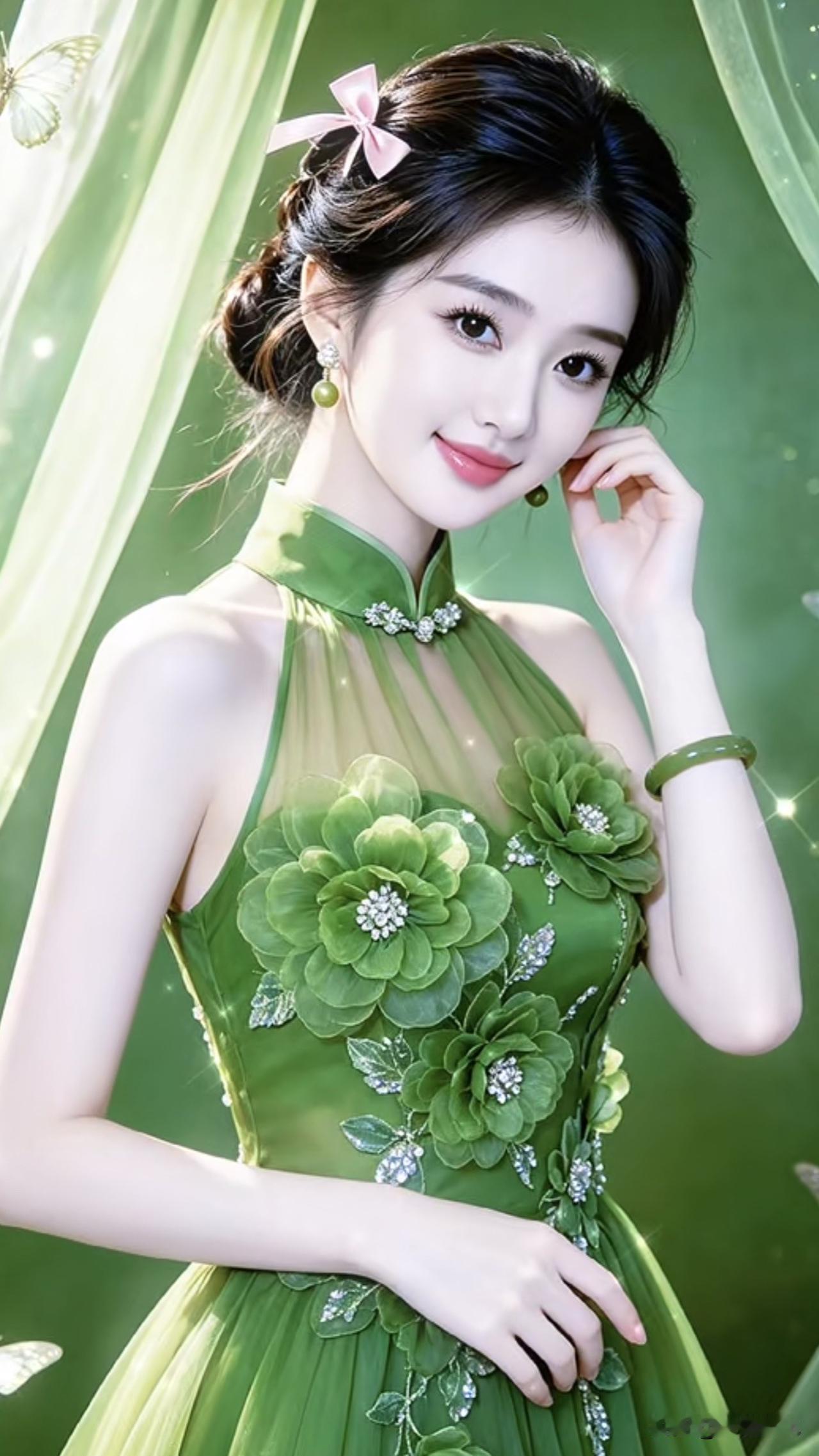 优雅绿裙，花间仙子，梦幻花园，唯美气质绿裙花间 绿裙蝶舞仙境 气质绿裙 绿裙蝶舞