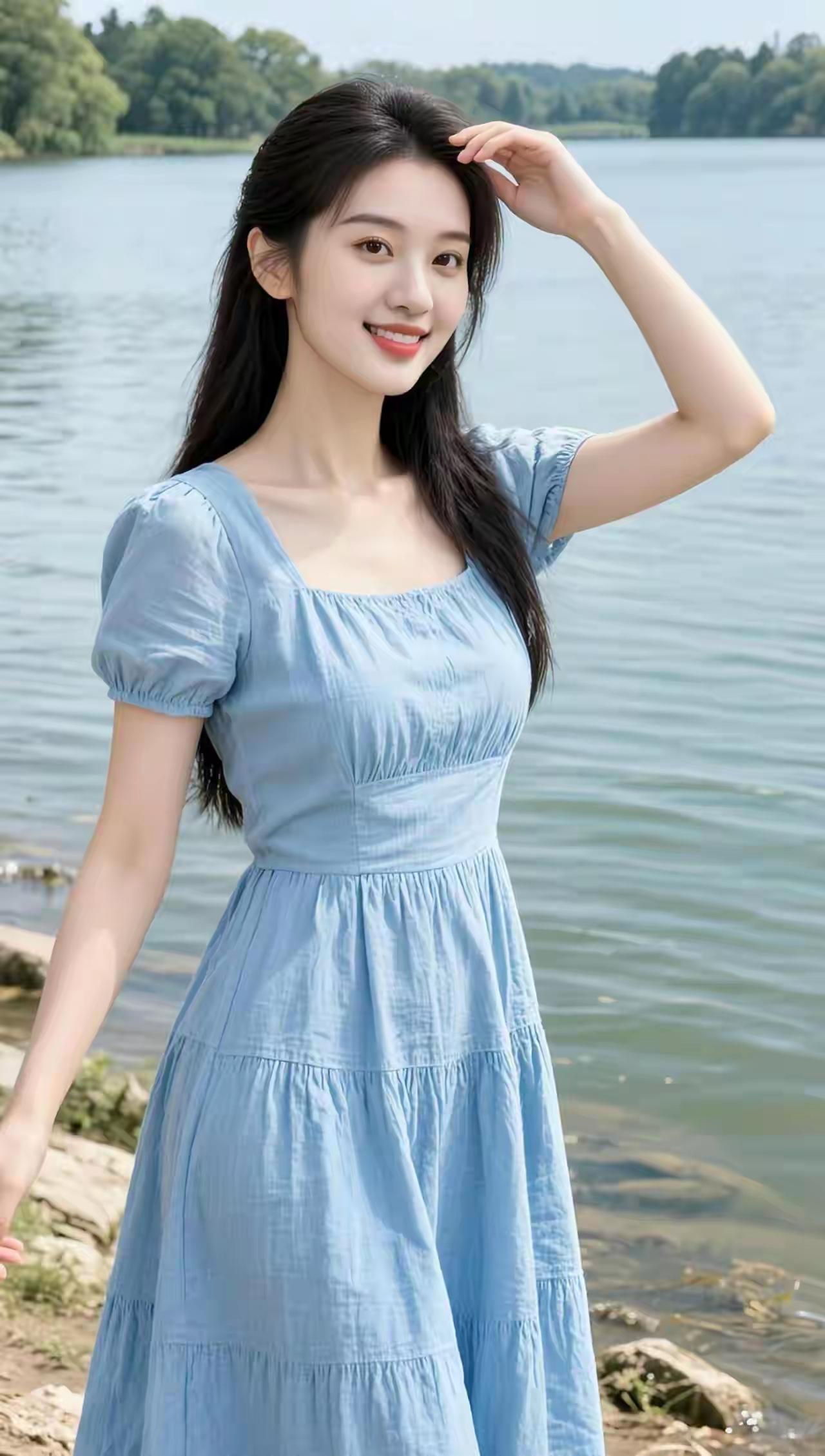 夏日湖畔的甜美少女，浅蓝色连衣裙，清新自然。