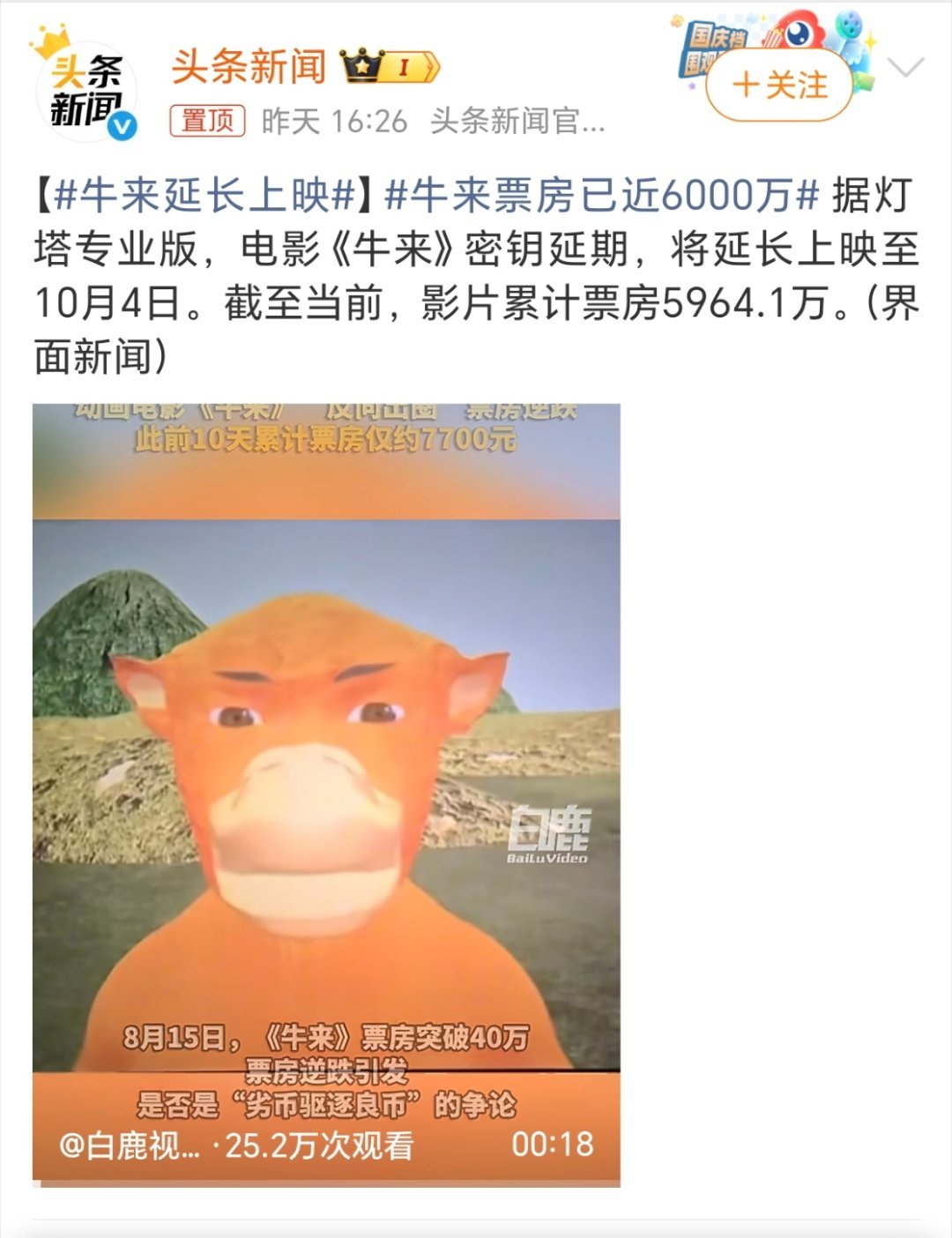 牛来票房已近6000万8月，对于处于淡季的行业来说牛来的6000万票房，导演将近