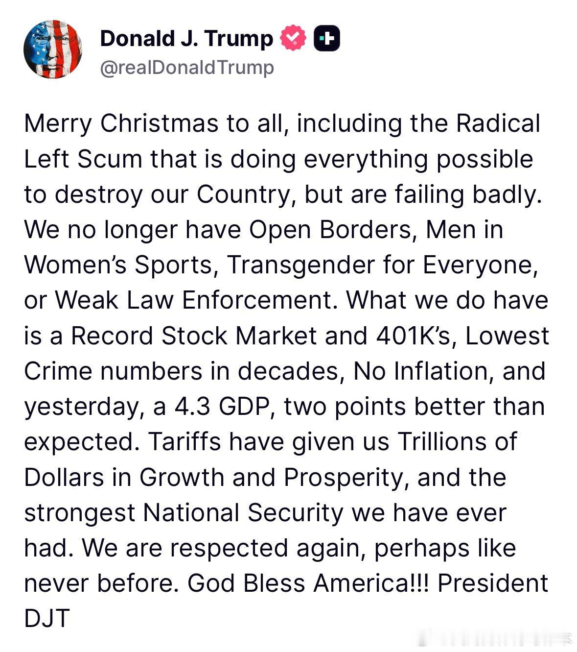 【黄金时代】川普招牌性质的，祝所有人圣诞快乐！川普：祝所有人圣诞快乐，包括那些正