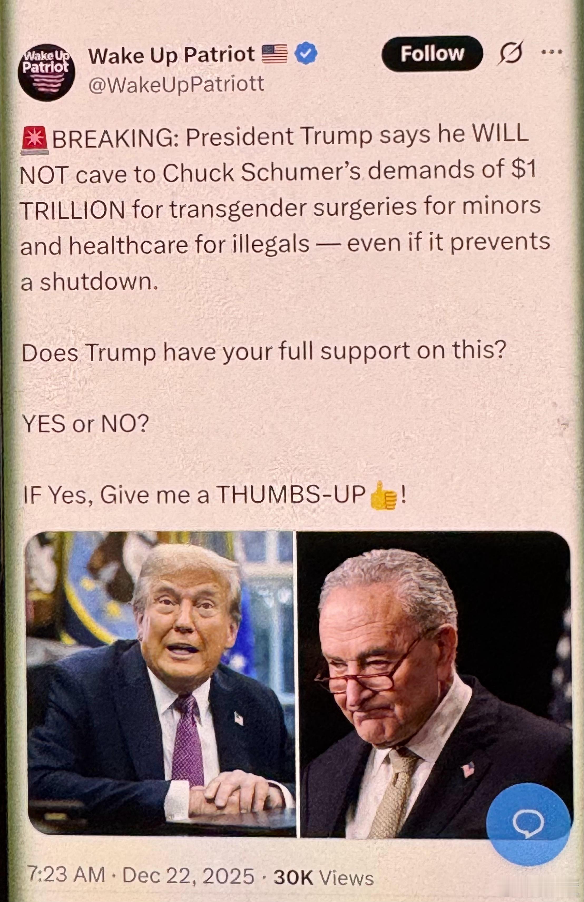 突发新闻：特朗普总统表示，他不会屈服于Chuck Schumer要求1万亿美元用