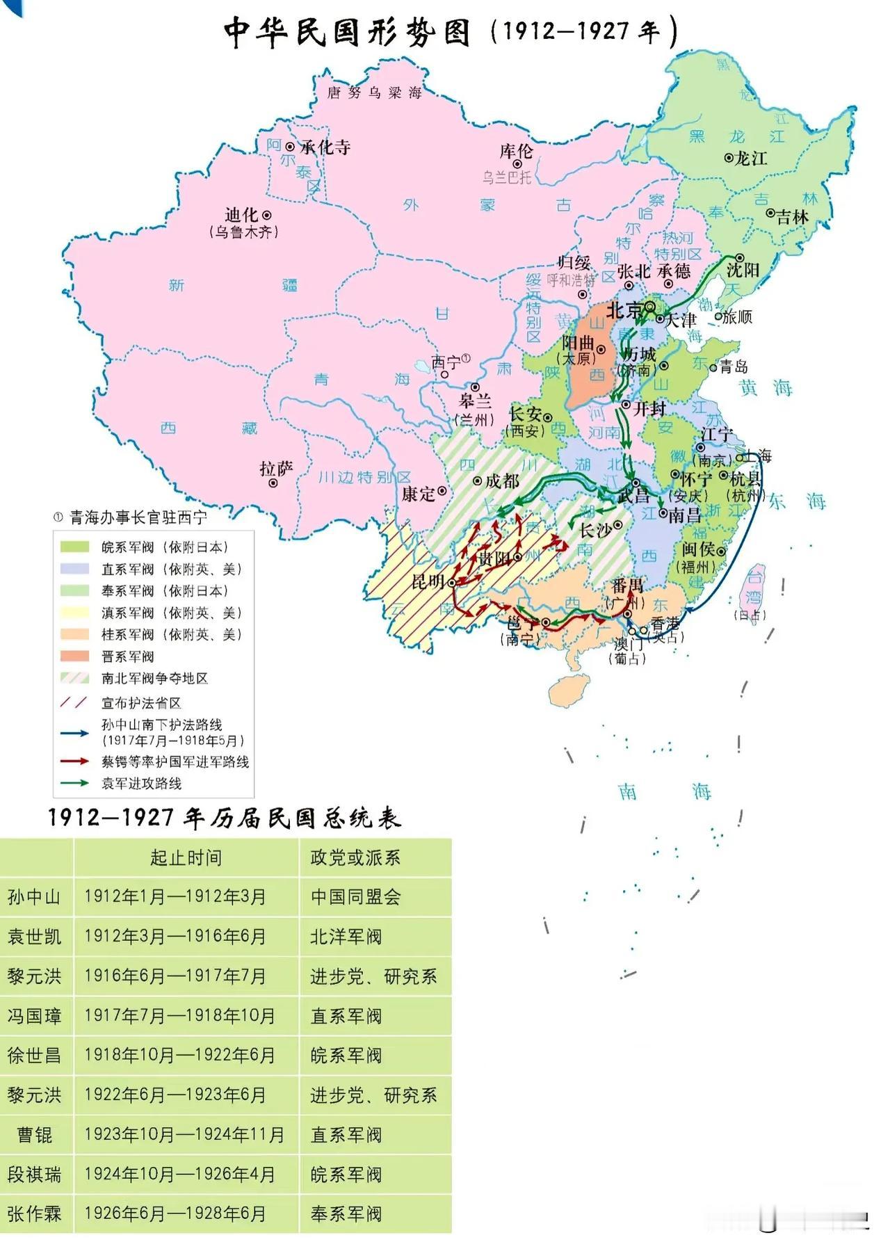 一张图看懂中华民国形势图（1912年-1927年），自清朝灭亡后的16年时间，北