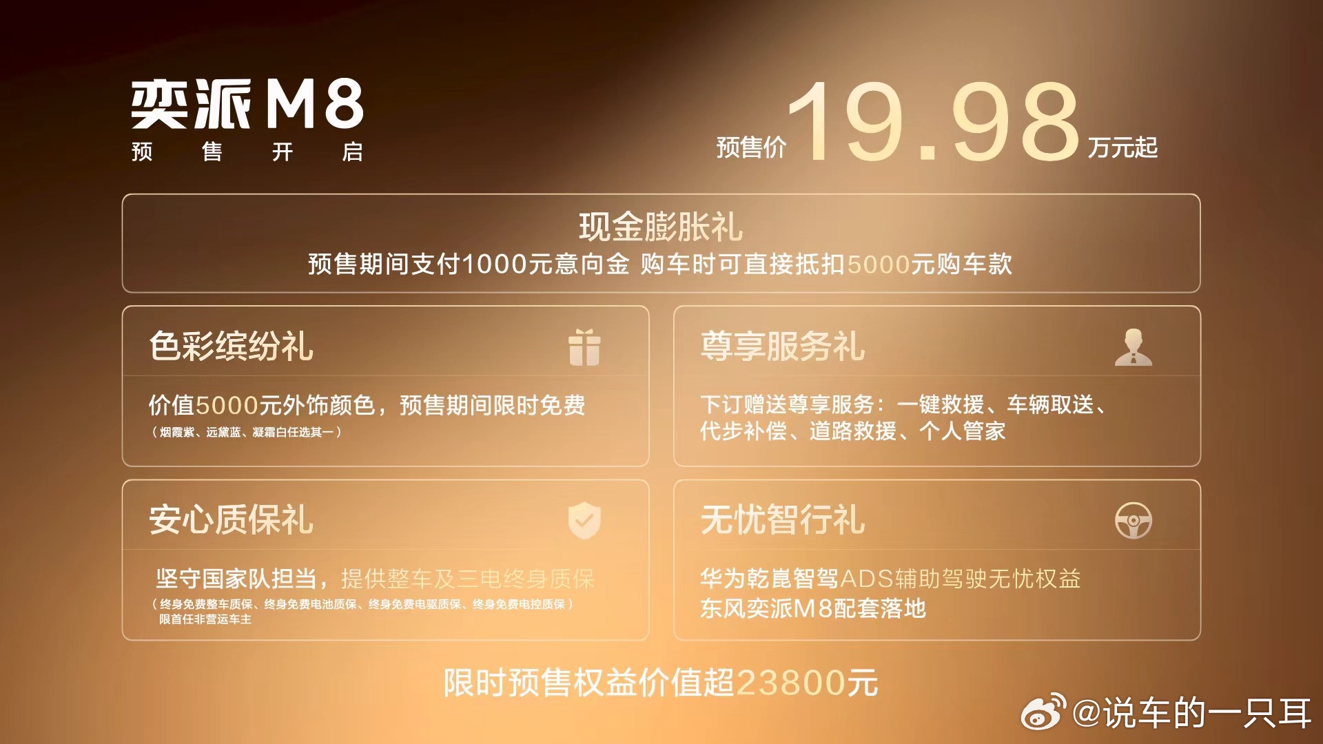 东风奕派M8预售价已出：19.98万元起。除了满屏的华为乾崑智驾和鸿蒙座舱配置之