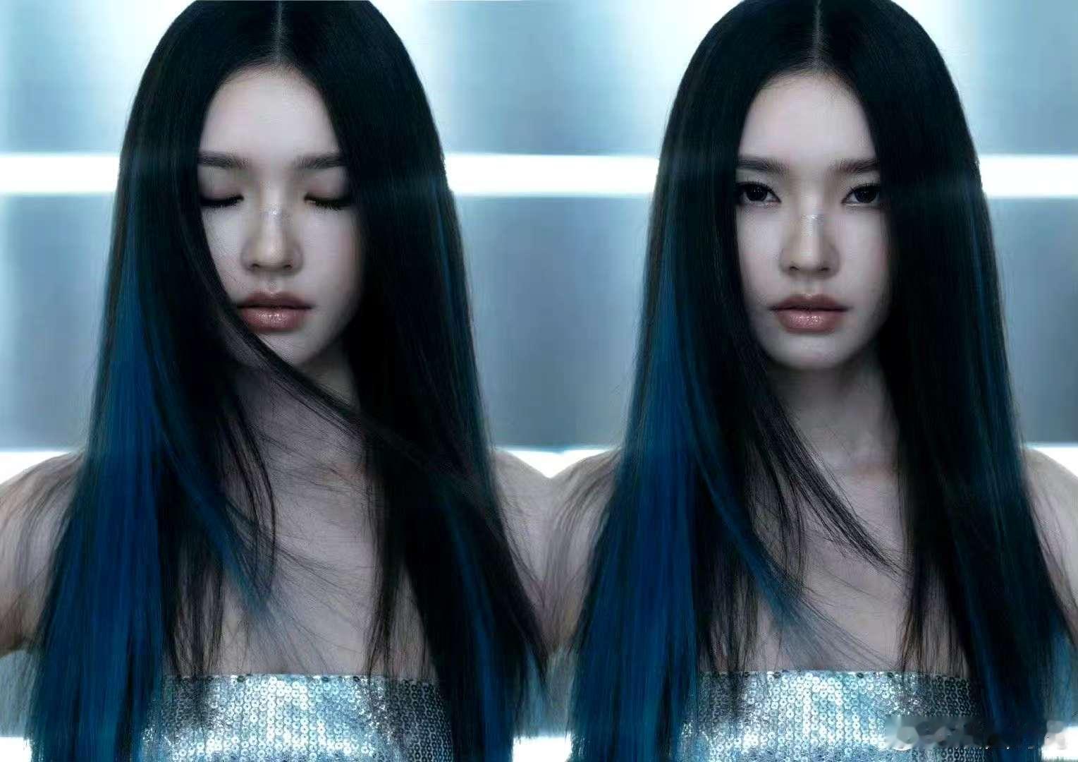 林允仿生人鱼姬 救命！林允身着爆闪亮片抹胸裙，黑长直搭机械美甲，发尾渐变蓝，鱼鳍