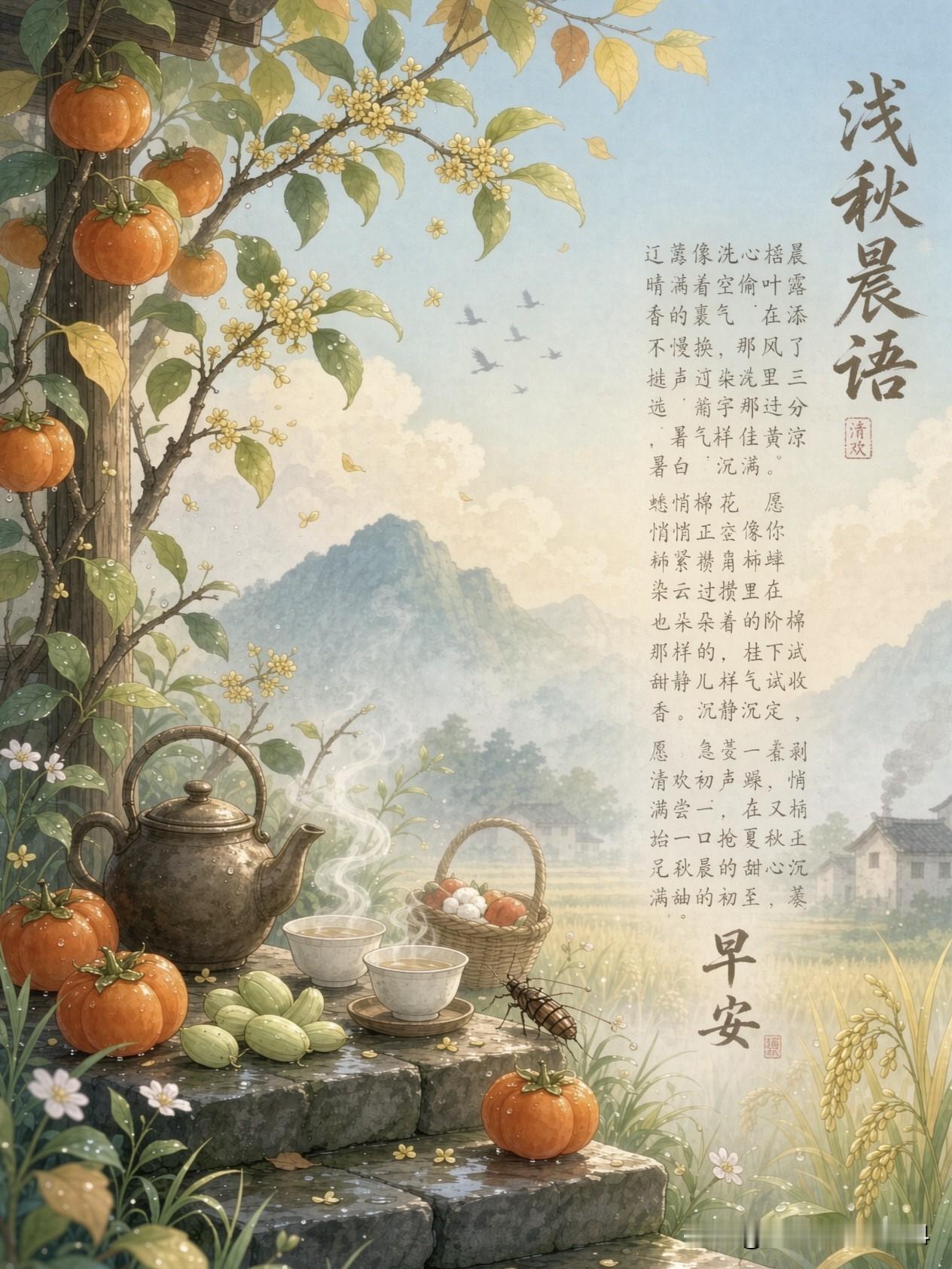 🍃꧂🌞早上好💕᭄🌿☕️
晨露添了三分凉，
梧叶在风里偷换了浅黄。
愿你的