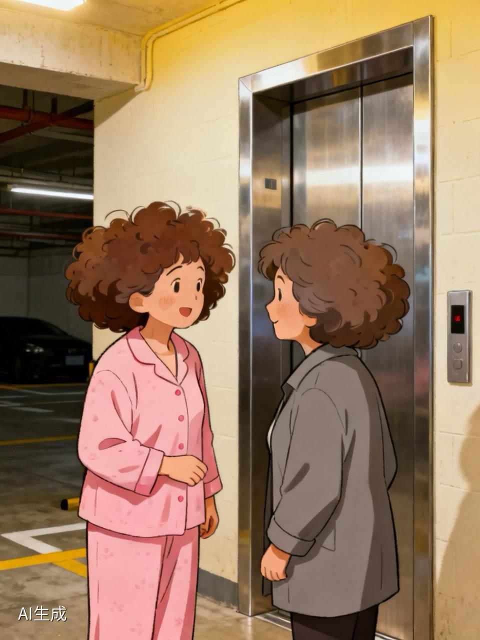 7:20我送完孩子停好车，楼上的邻居也正好送完她家女儿回来停好车，我们一起等电梯