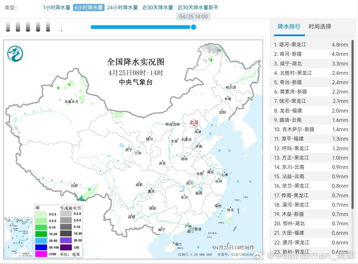 【降水暂时缩减】今天白天，我国降水稀少，南方多地放晴。6小时降水榜前十，黑龙江和