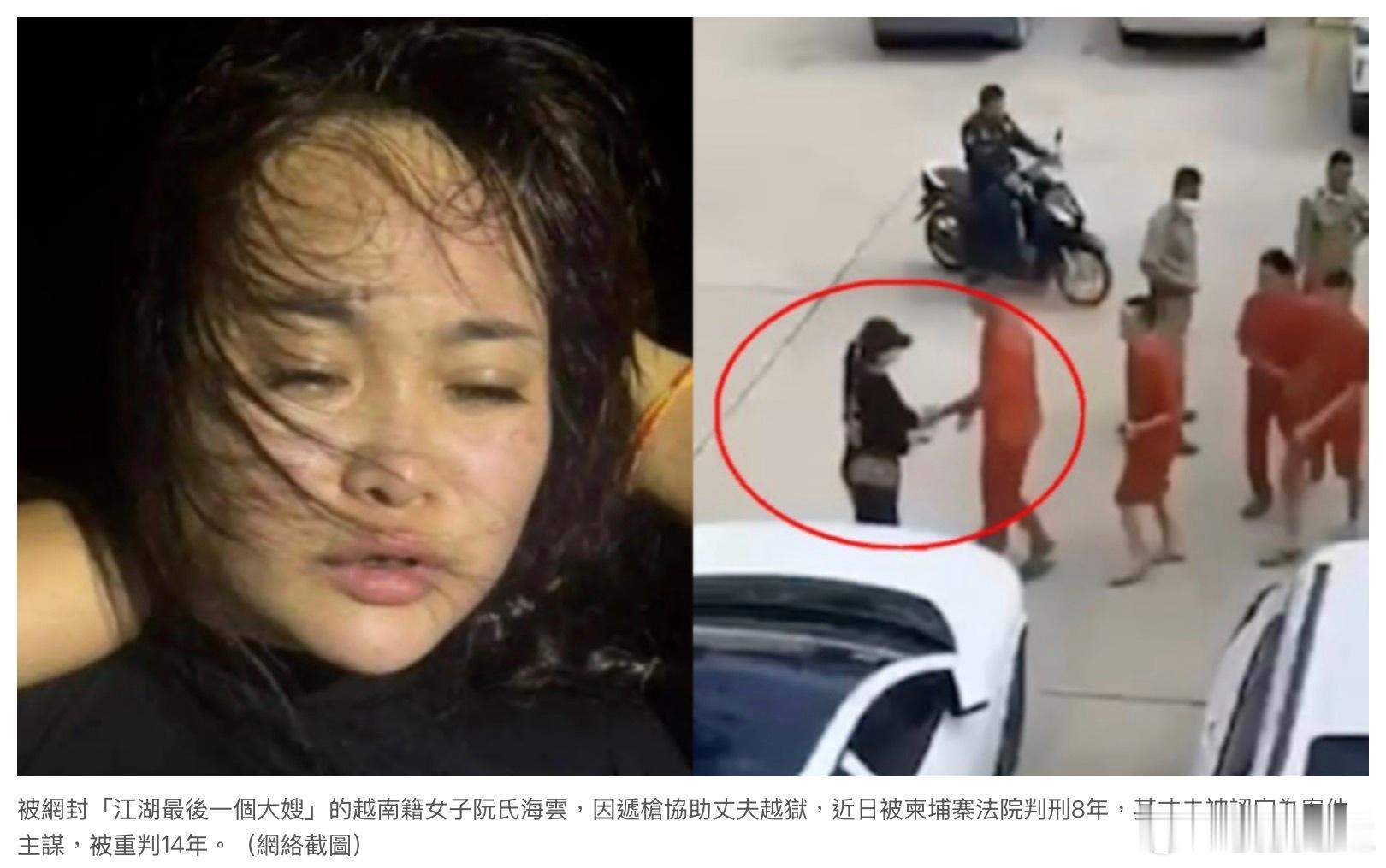 “江湖最后大嫂”获刑8年被尊称“江湖最后一个大嫂”的越南籍女子阮氏海云，因递枪协