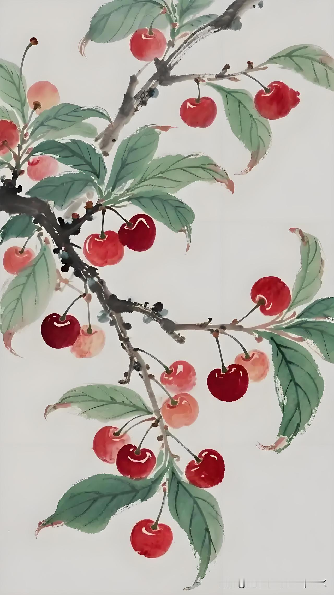 《樱桃》
——明·陈继儒
药栏春尽少花开，
叶底朱樱若个猜。
熟后雨弹红玉破，
