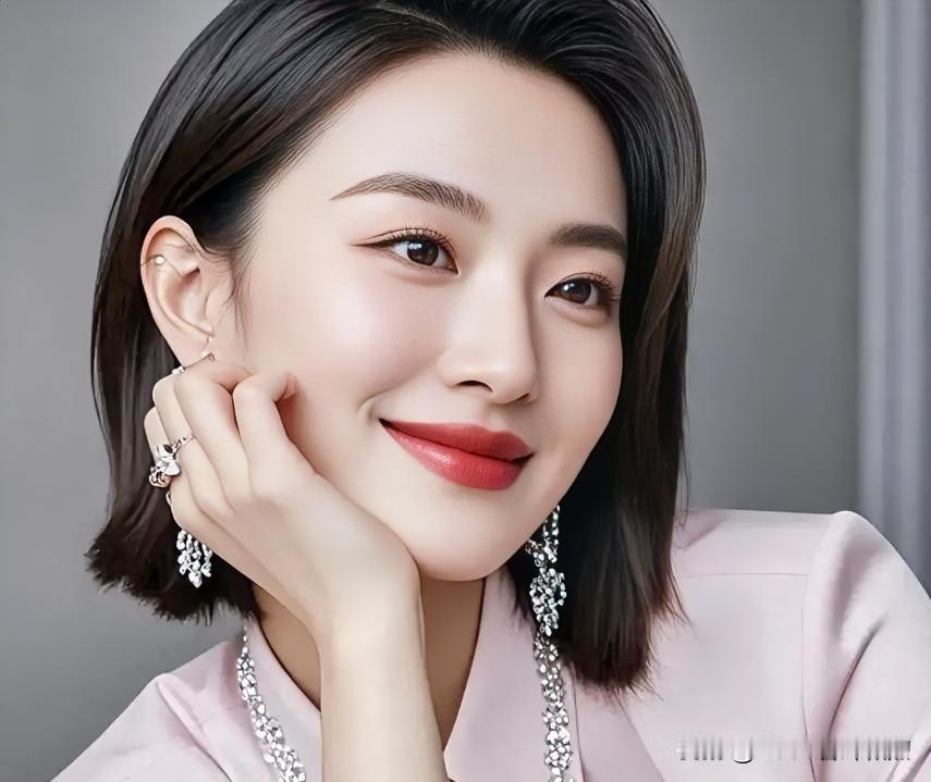 青丝短发似墨玉流光，温婉浅笑绽芳华，红唇微启如初绽玫瑰，流转间尽显柔美优雅。珍珠