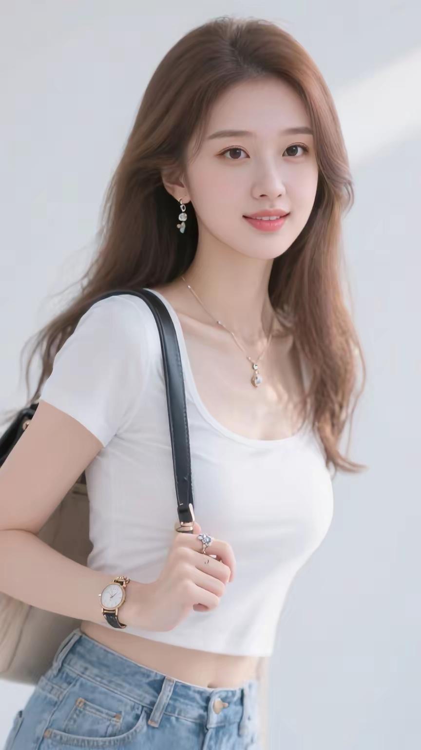 清新甜美少女风，白色T恤搭配牛仔裤