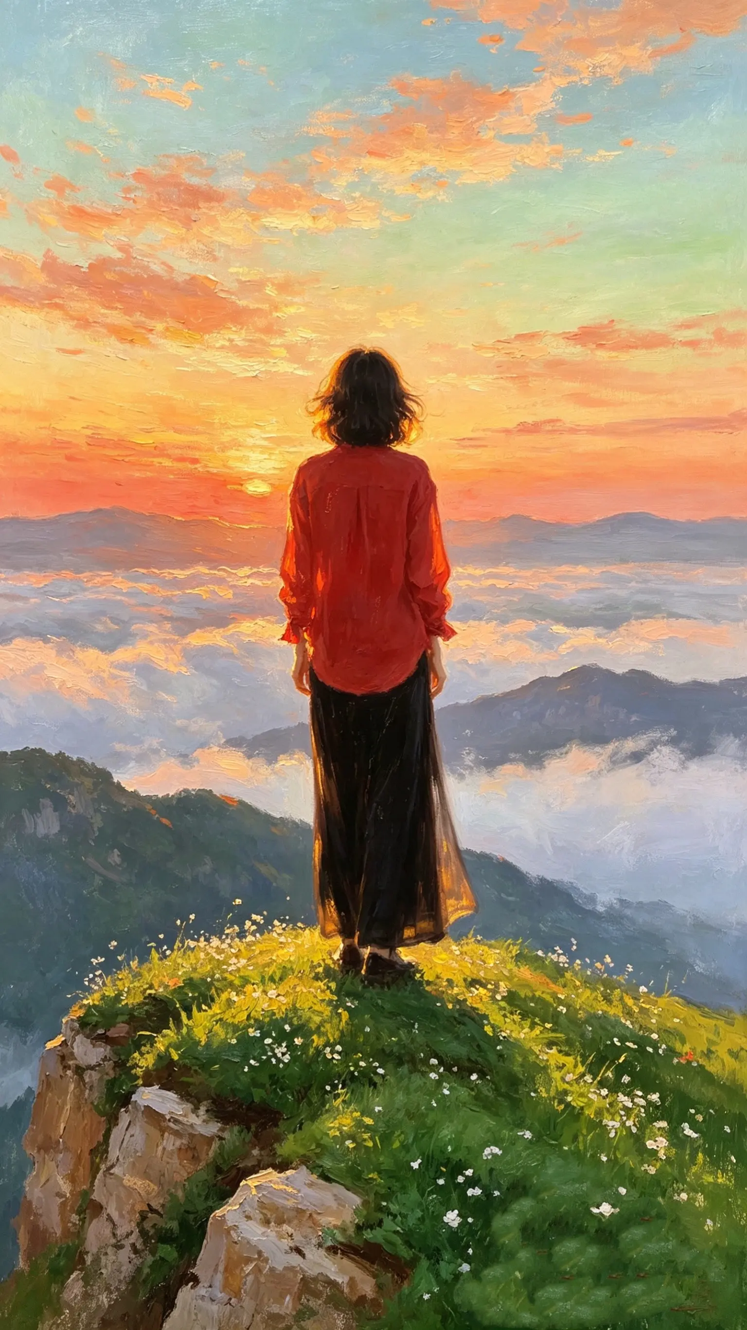 我立在山巅， 看落日把金辉泼向云野—— 那些蜷在心底的困顿与迷茫， 正...