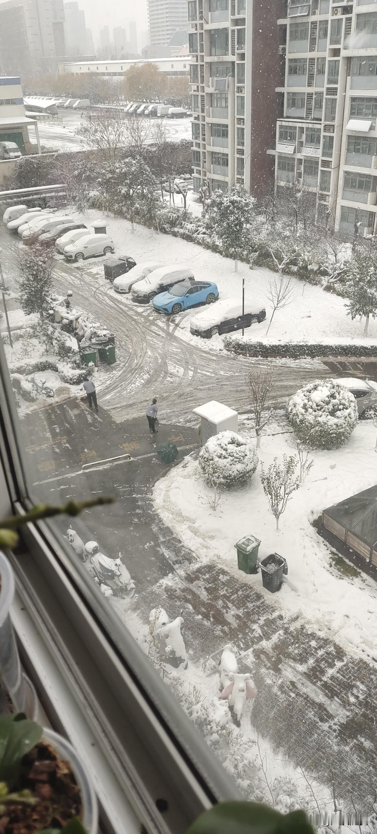 2025年冬季的第一场雪，仍然在下着，看到窗外物业工作人员在打扫雪，这些人的年龄