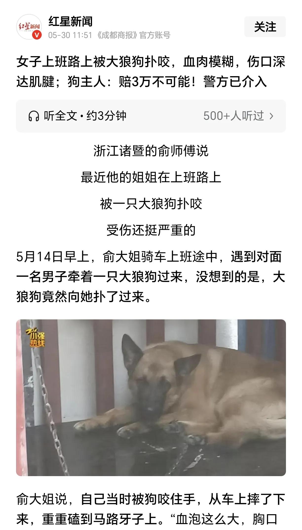 又是一起被狼狗咬伤的无妄之灾，3万的赔偿，狗主人也叫嚣不赔付。
泱泱大国，却狗患