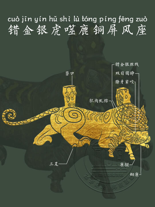 【错金银虎噬鹿铜屏风座】错金银的极致表达