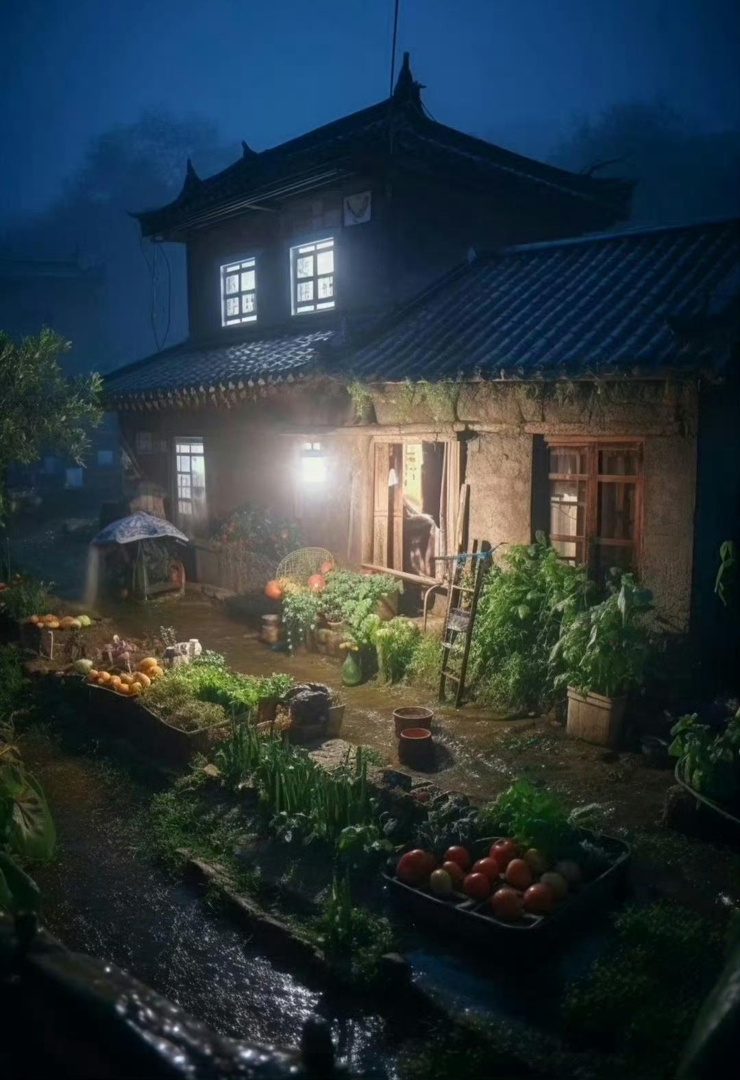 清秋一夜雨，往事十年灯。
夜雨笼罩着山野老屋，菜园沾着湿漉漉的水汽，昏黄灯火静静