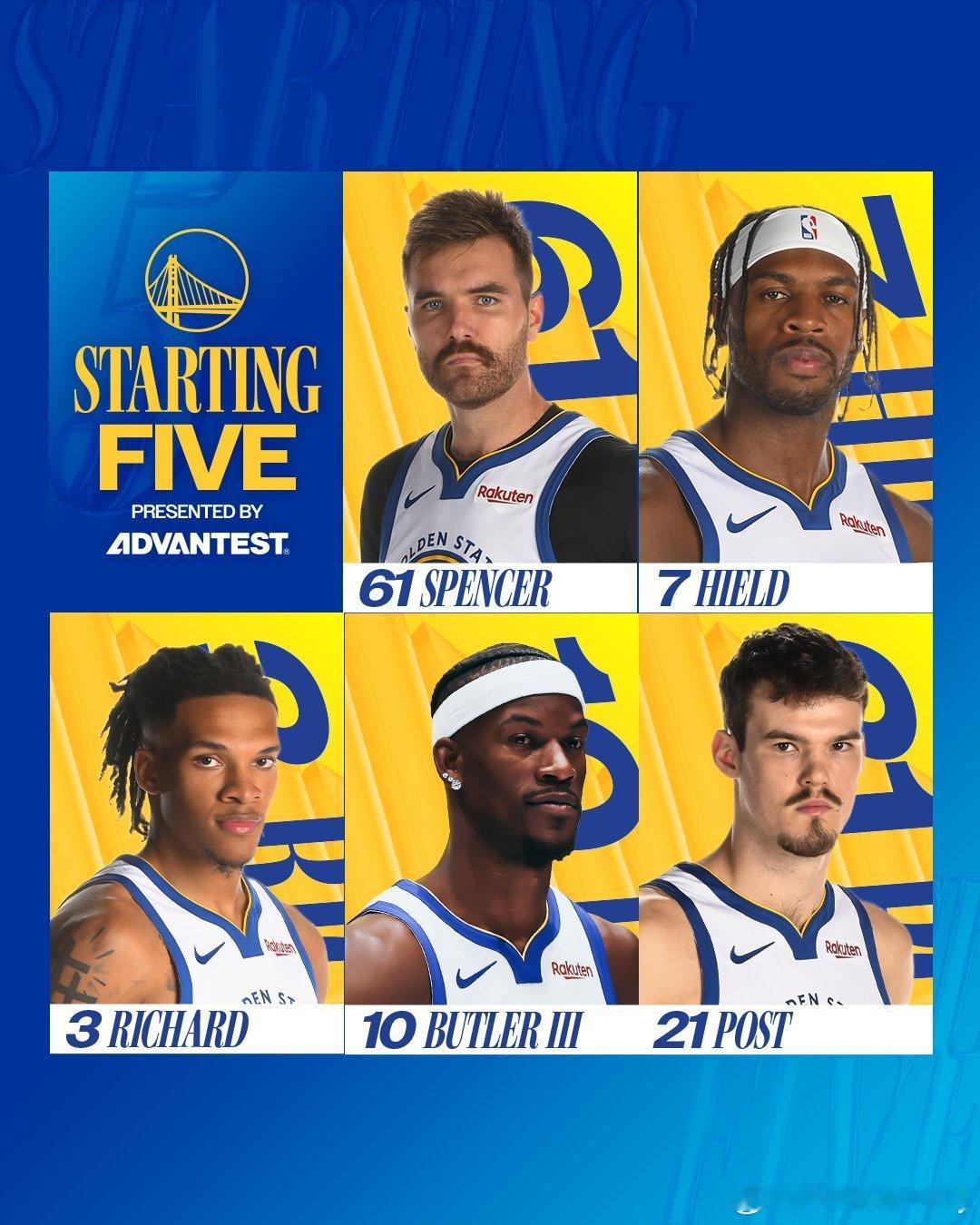 勇士对阵公牛首发阵容：斯潘塞、希尔德、理查德、巴特勒、波斯特今日，巴特勒、赛斯·