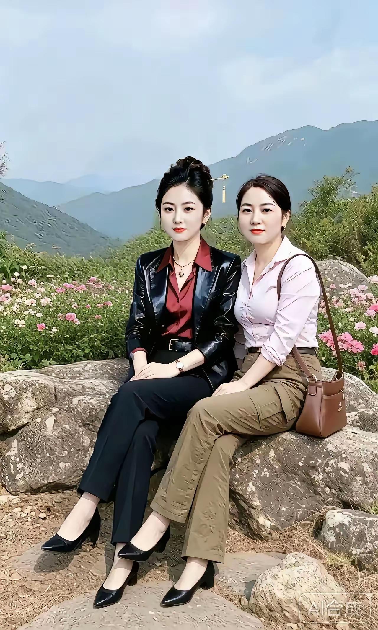 姐妹气质高，
游玩坐山腰。
友谊比金贵，
留念拍玉照。