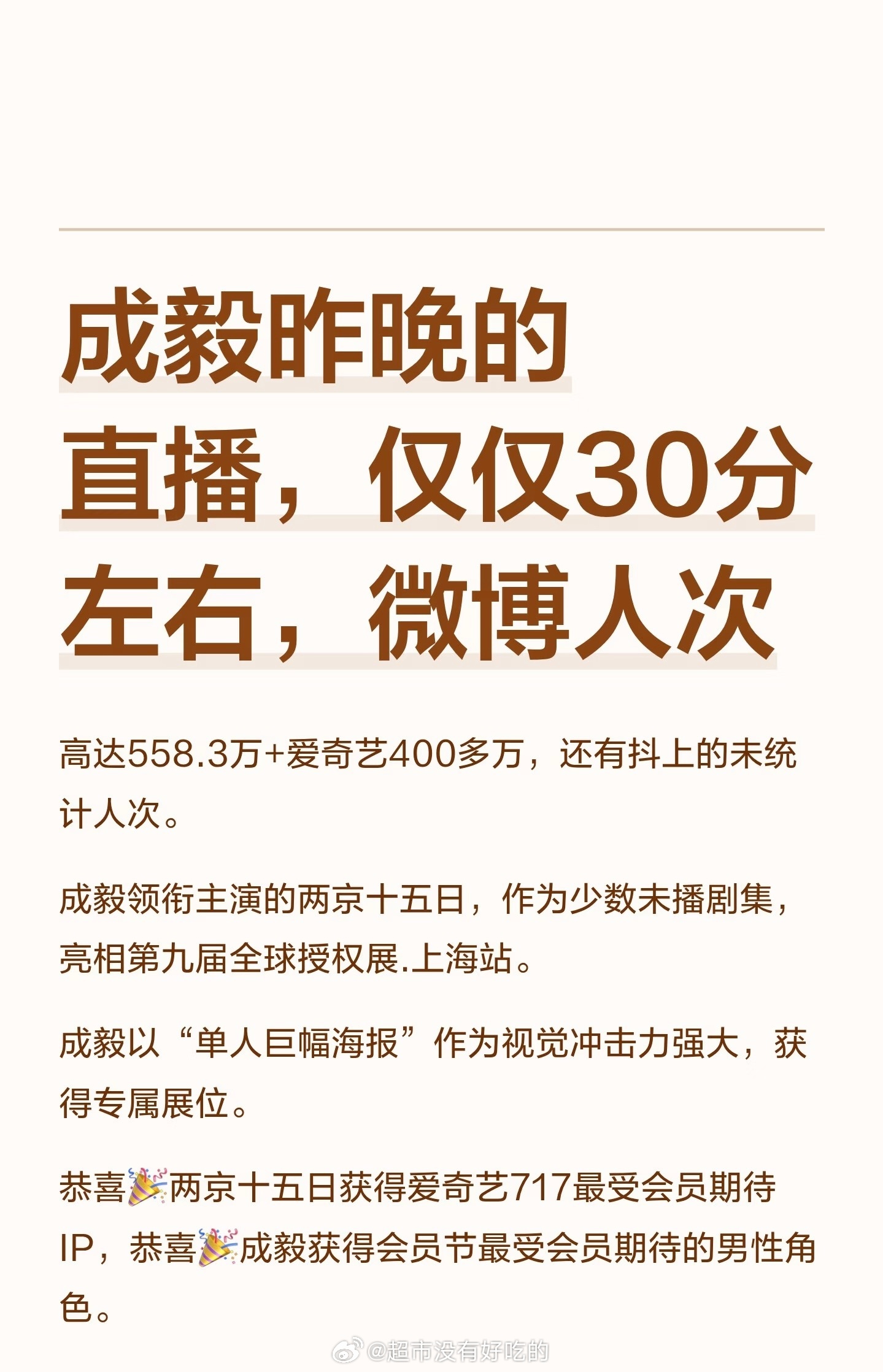 成毅昨晚的直播，仅仅30分左右，微博人次+爱奇艺+抖，观看总数高达1千万左右人人