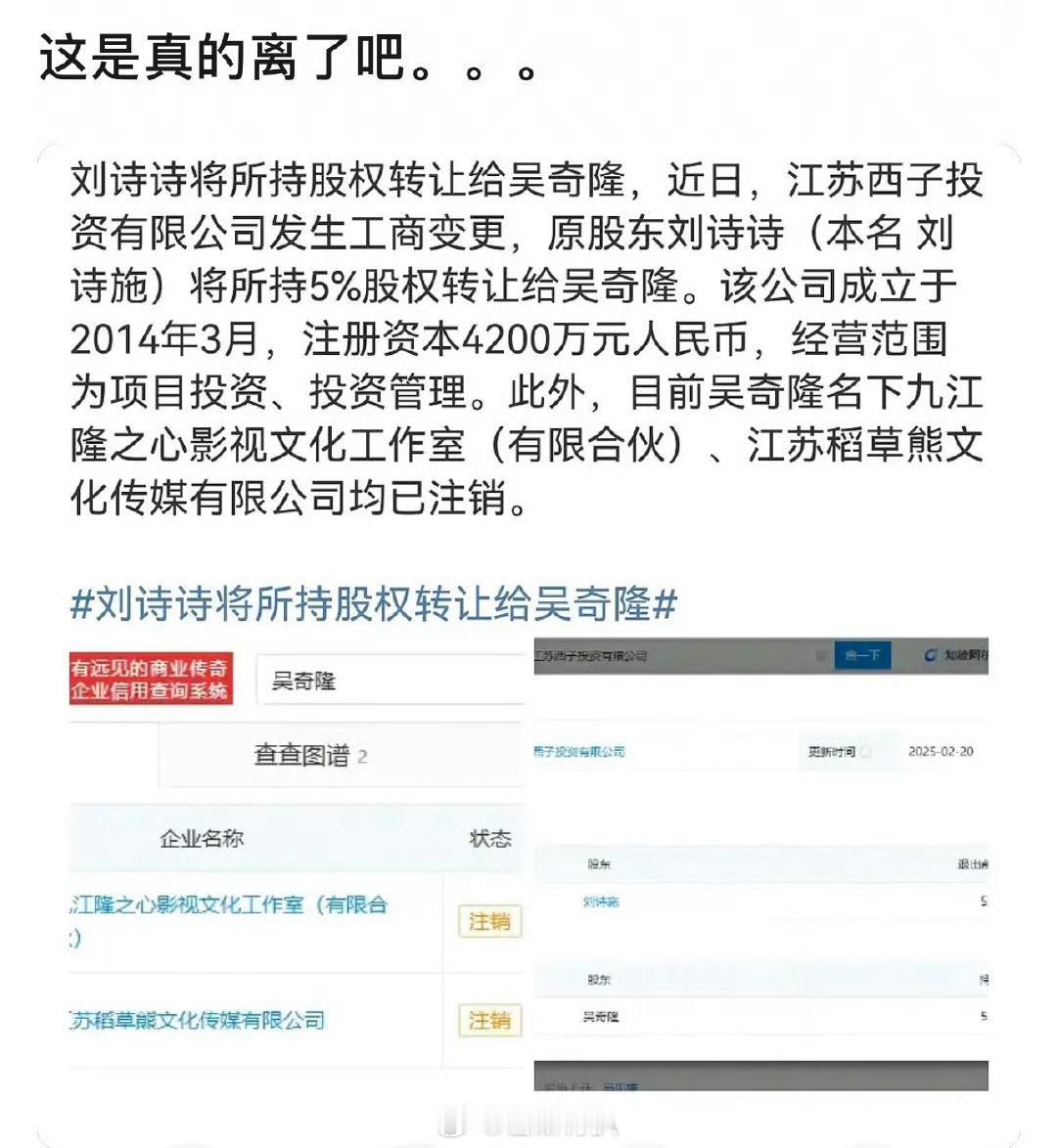 🍉刘诗诗将所持股份转给吴奇隆，今年是离婚元年啊？？ 