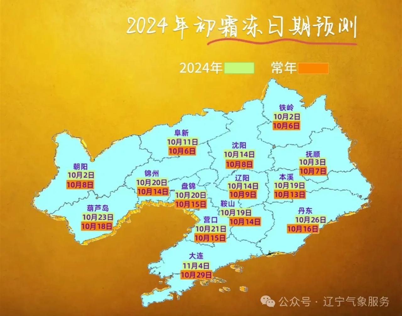 #辽宁# 辽宁省2024年各地区初霜冻日期预测！
预计今年全省大部地区初霜冻
出