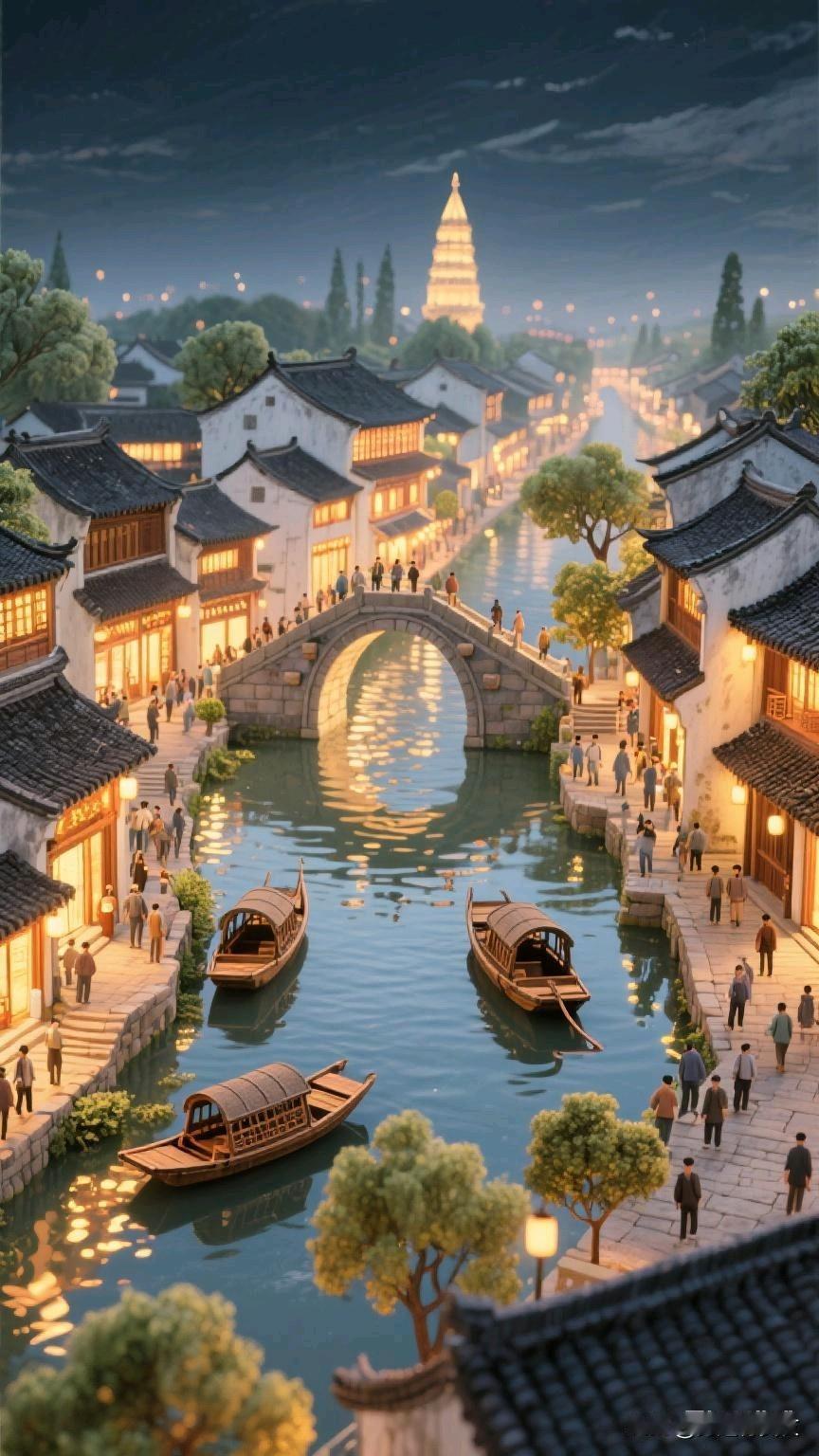 夜幕下的古风水乡，那是一幅绝美的画卷。就像乌镇，夜幕降临后，临水建筑流光溢彩，河