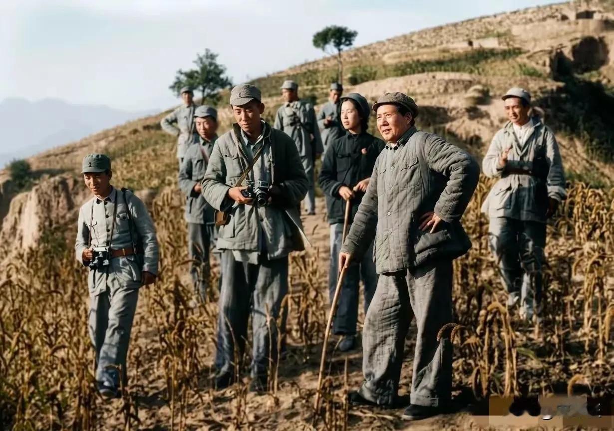 这张照片是1947年，毛主席等人在陕北时拍摄的，他们站在黄土高坡的田野里，不远处
