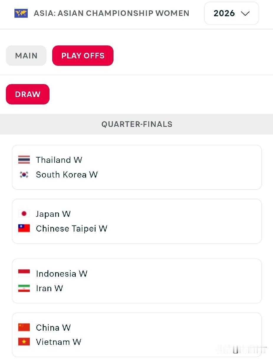 亚洲女排锦标赛1/4决赛对阵图

上半区：
泰国🇹🇭VS韩国🇰🇷
日本V