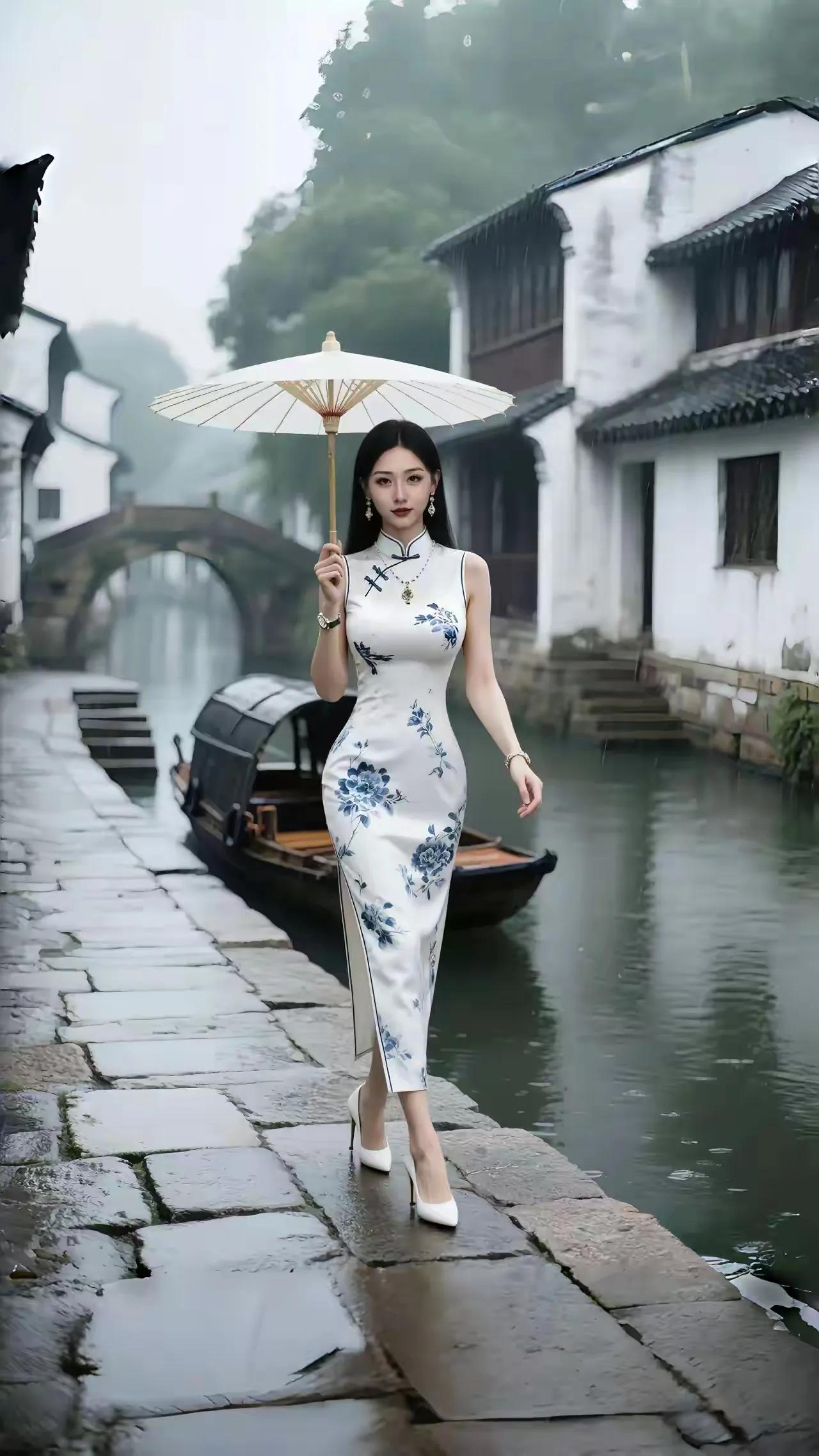 《醉江南》
端庄典雅旗袍韵，
风姿绰约俏佳人。
烟雨河畔好风光，
轻舟载梦泛江南