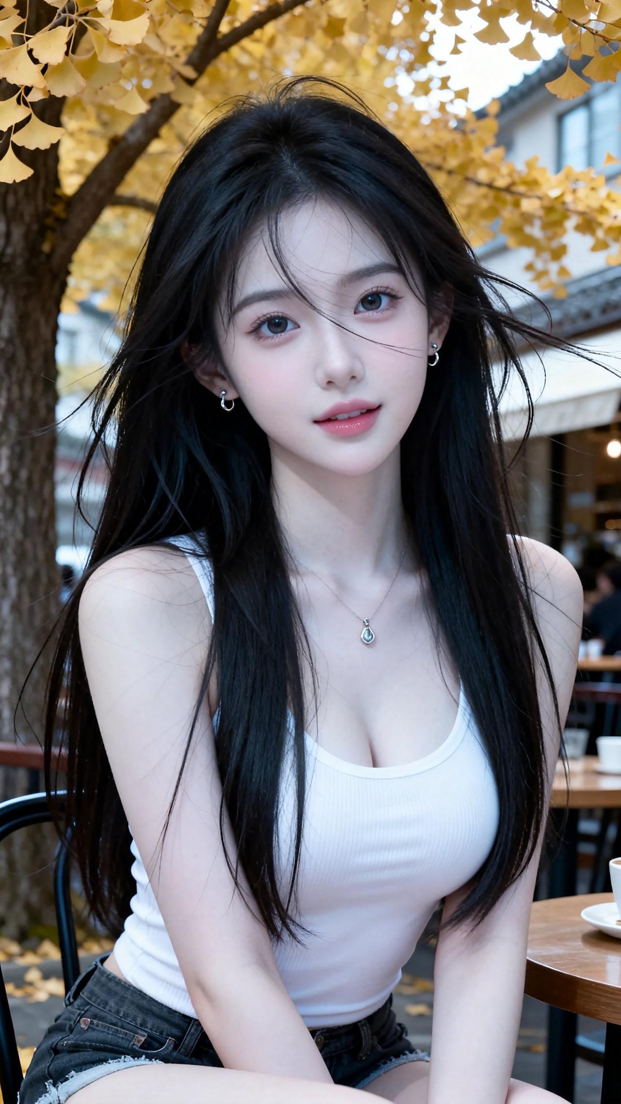 秋日午后，咖啡馆里，黑发少女，甜美微笑，暖阳洒落，时光静好。