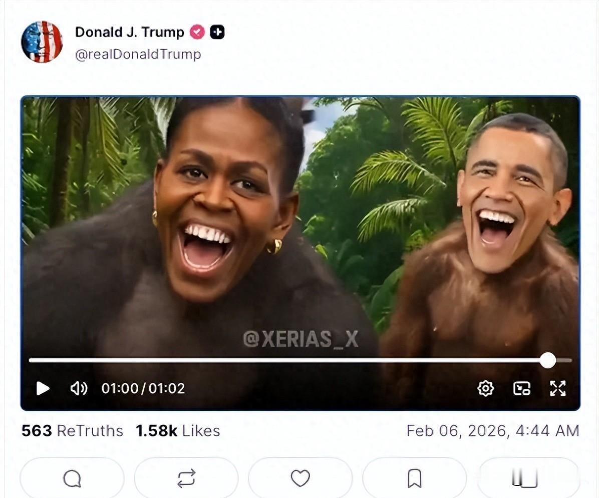 深夜，被P成猴子的前总统奥巴马夫妇视频，从特朗普社交账号流出，赤裸的“种族歧视”