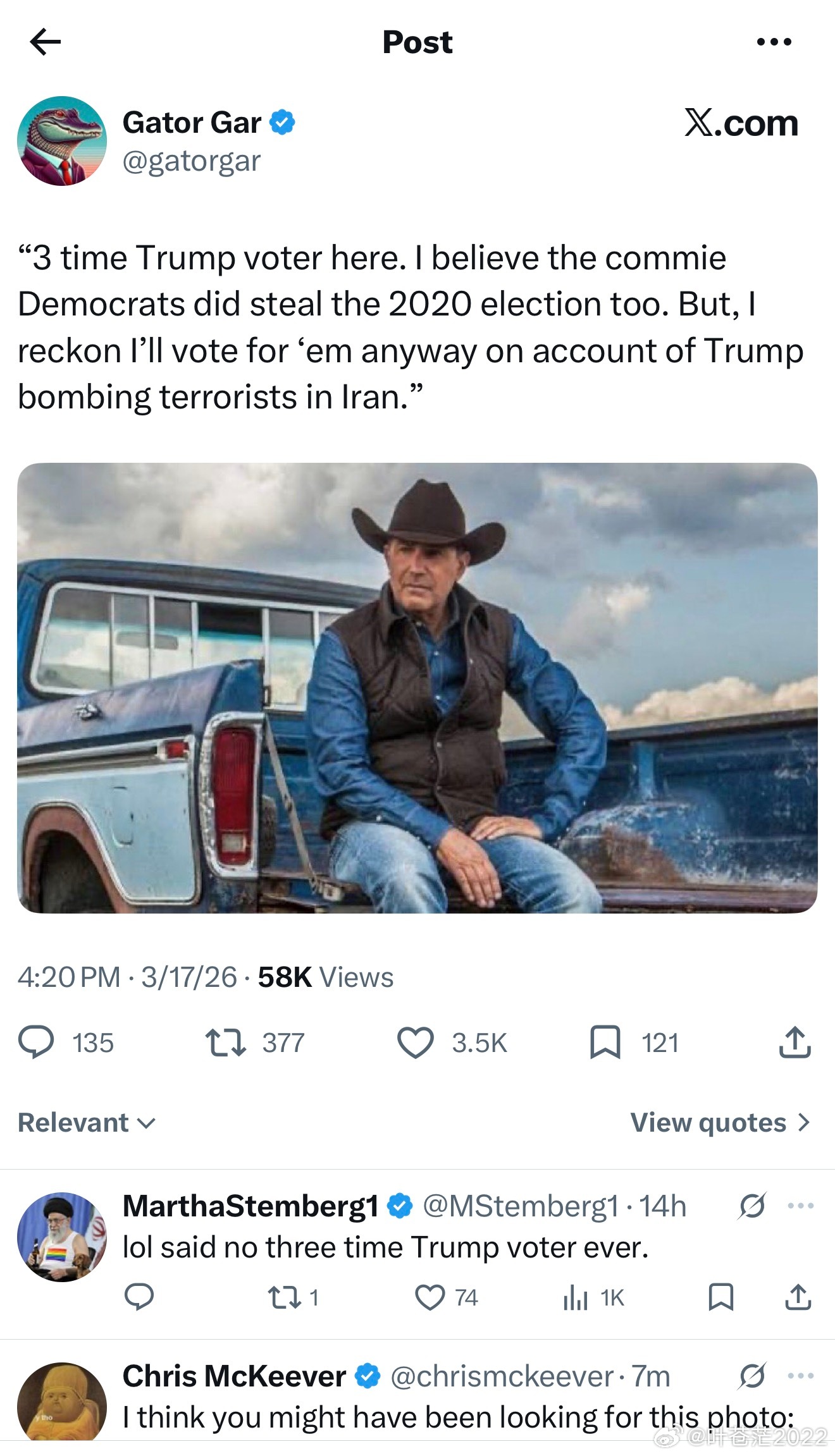 左人疯狂造谣川普选民因为伊朗而与川普分裂，被川普选民热嘲。图一引号内是分裂者说的