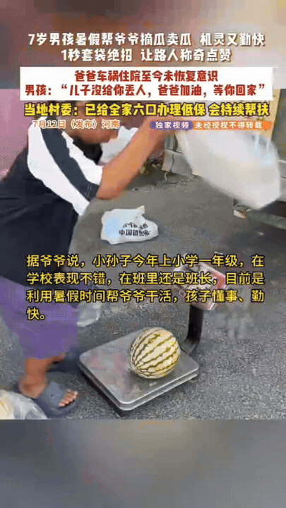 破防了，河南，一7岁男孩暑假主动帮爷爷摘瓜卖瓜，1秒套塑料袋的绝招，更是让路人纷