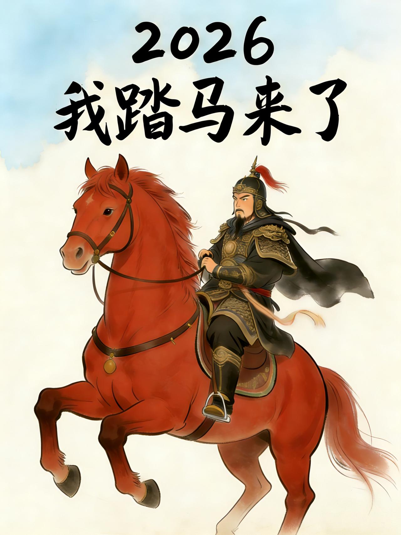 赤马迎春瑞气生，神州万里踏歌行。

蹄疾更上青云路，气盛能驰盛世程。

柳绿桃红