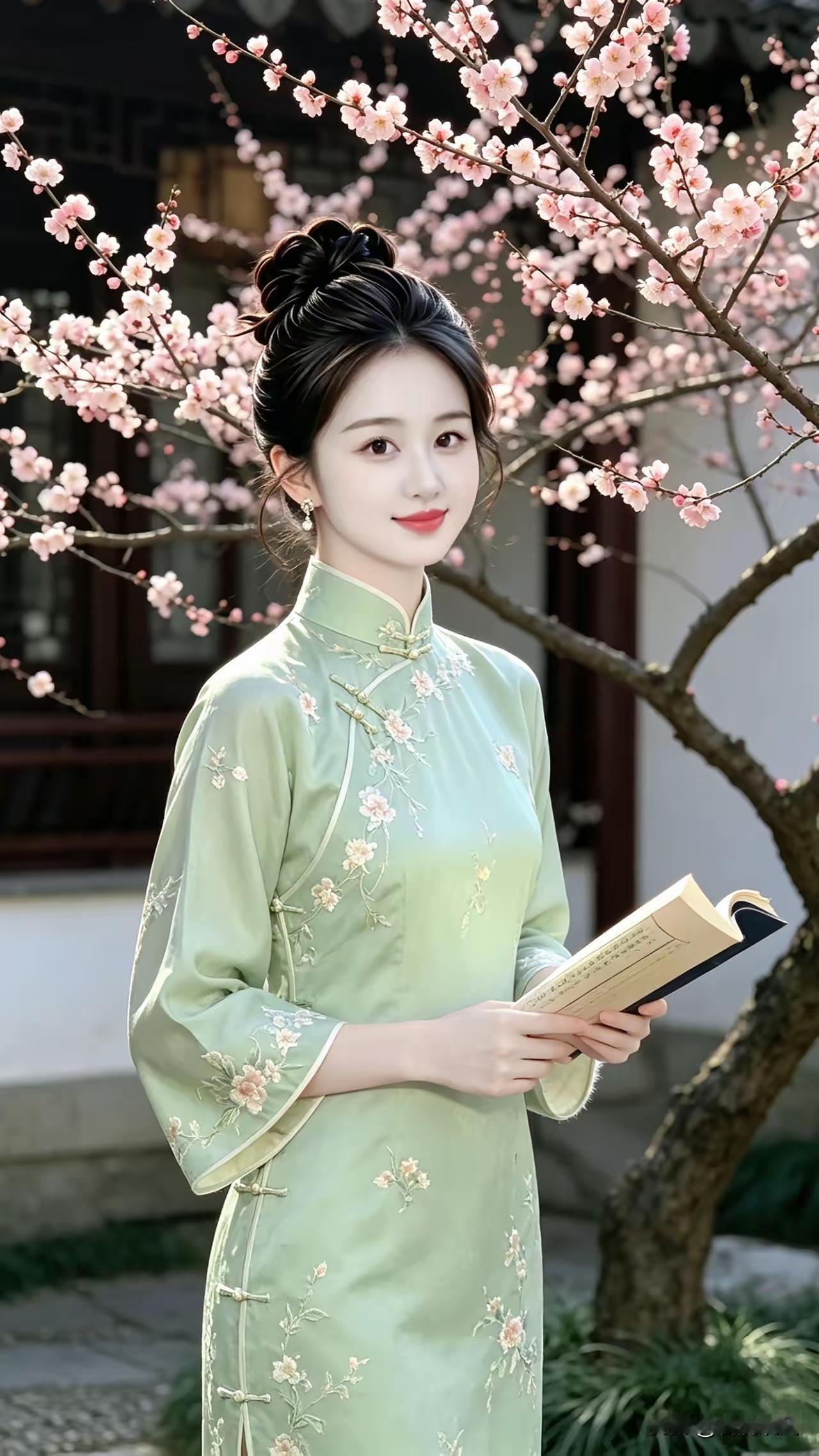 天净沙·梅院春闲
暖廊消尽残冬，
疏梅浅缀嫣红，
才女窗前诵咏。
春光盈院，
满